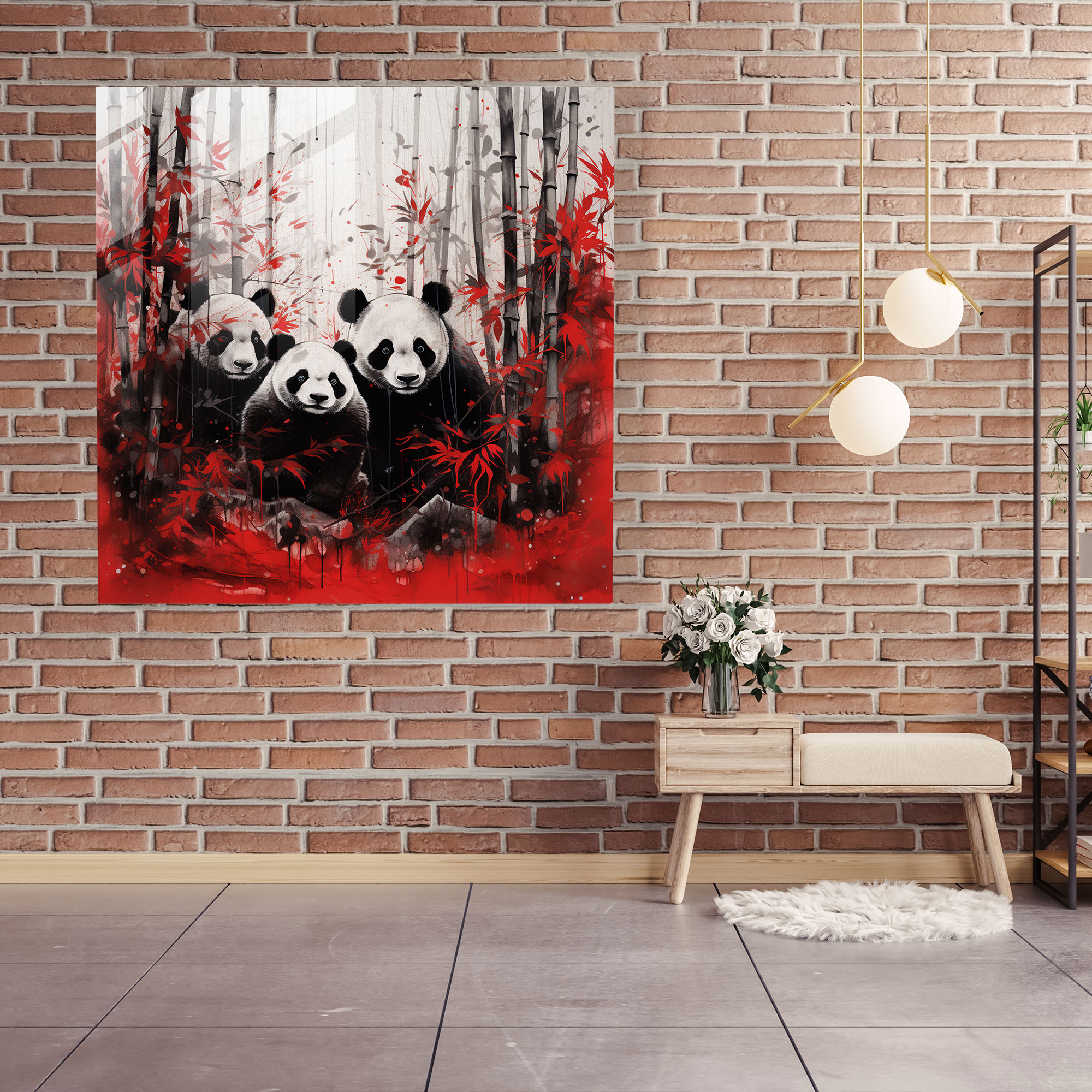 Asian Panda Ink Glass Print - Asian, Bamboo Forest, Wall Decoration, Ink Painting