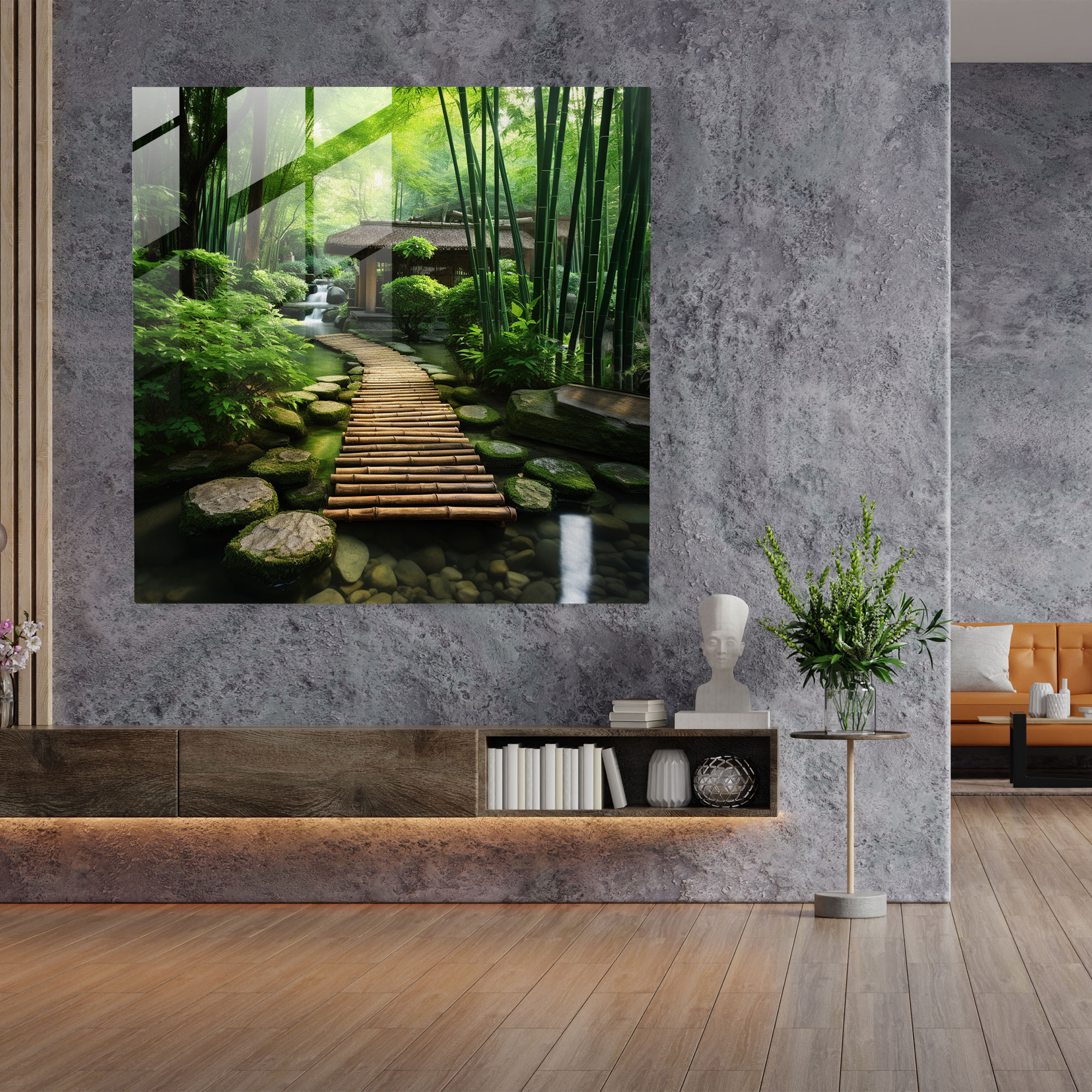 Asya Zen Cam Tablosu - Asya Ev Dekorasyonu Duvar Dekorasyonu Su Unsurları