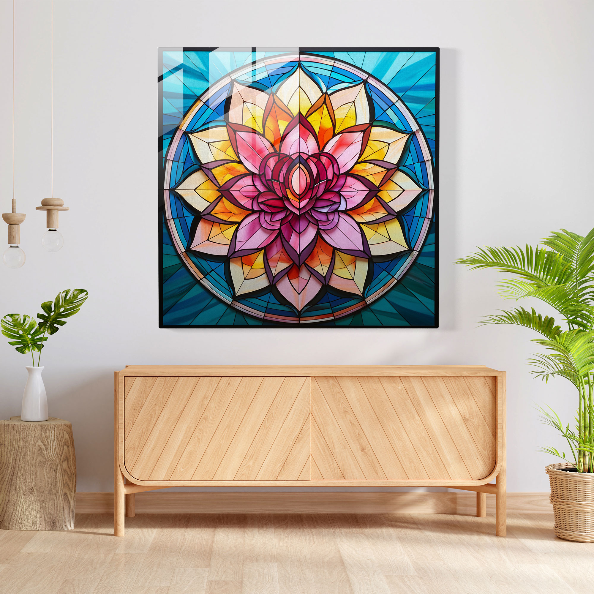 Canlı Lotus Çiçeği Desenli Asya Cam Tablo - Asya Ev Dekorasyonu Duvar Dekorasyonu