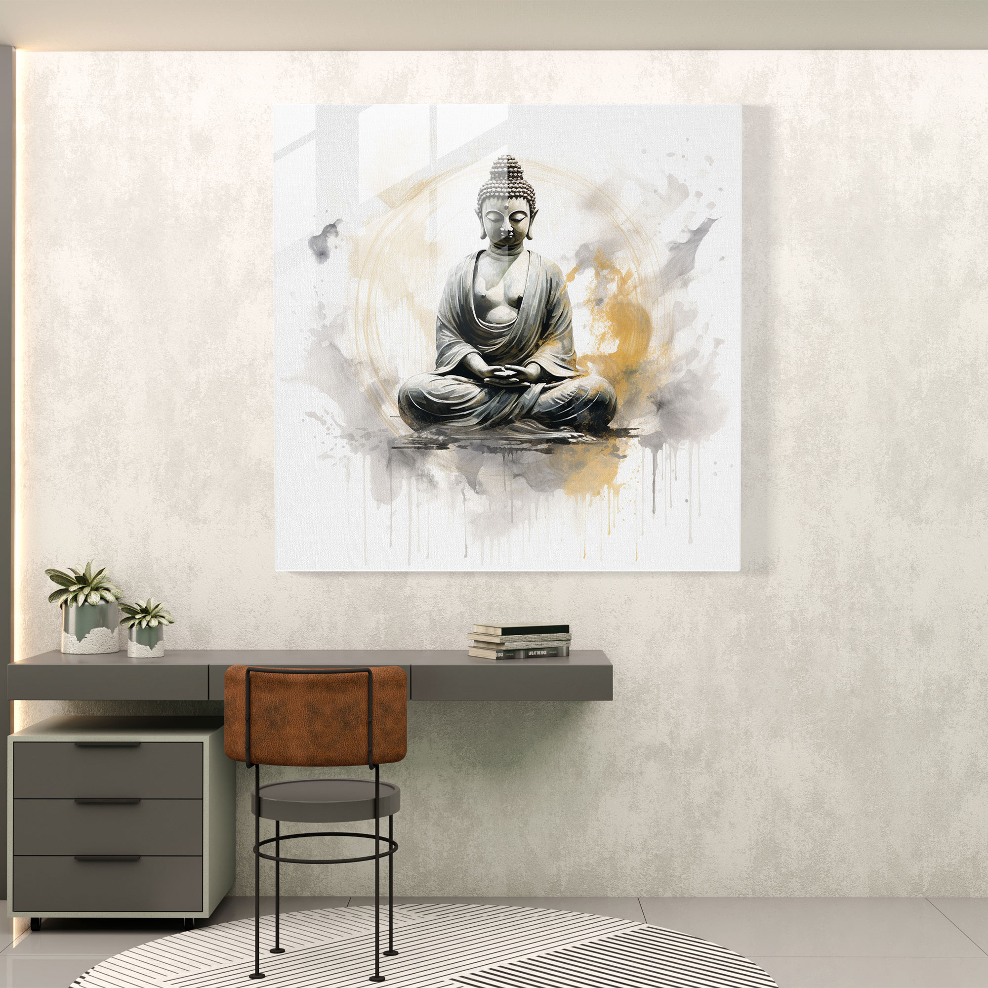 Asya Budası Cam Tablo - Huzur Dolu Hat Sanatı - Asya Modern Sanat Aydınlanma Meditasyon Yapan Buda