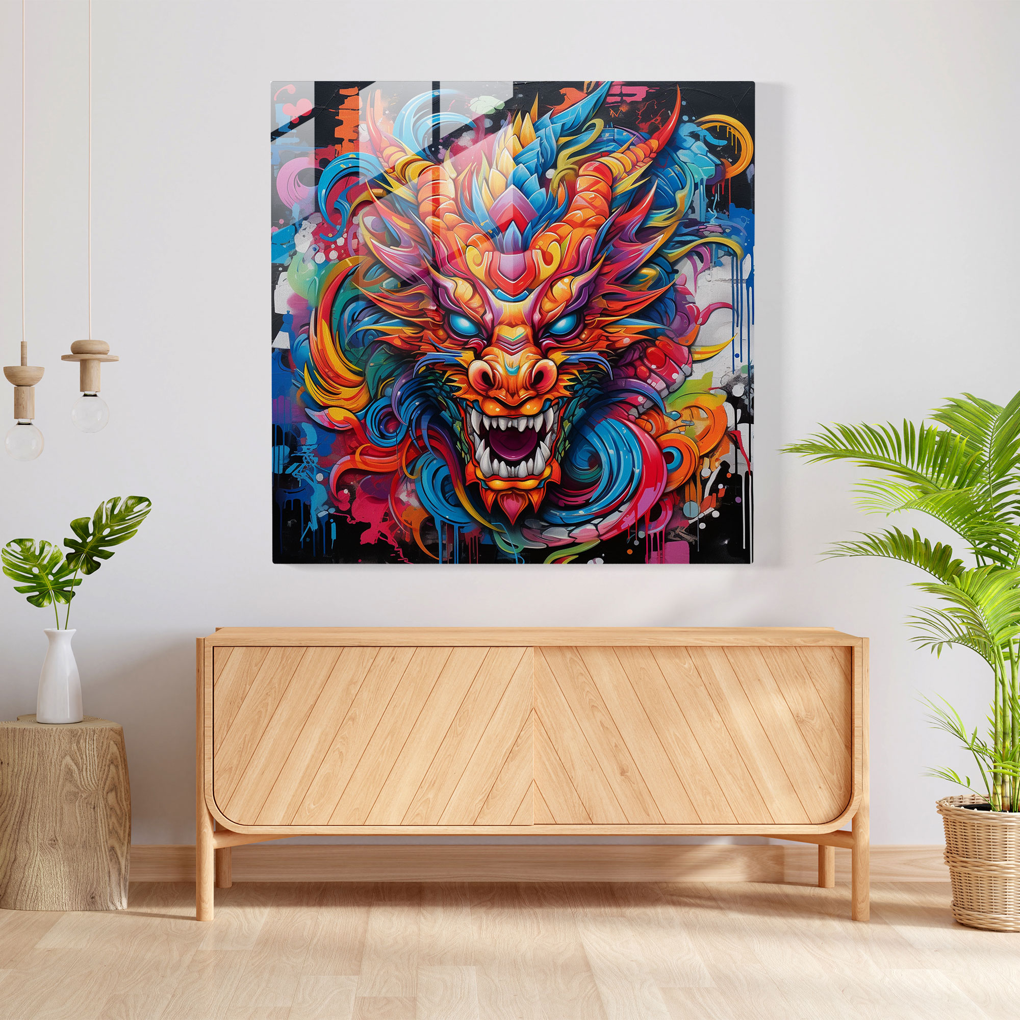 Asian Dragon Glass Print - Contemporary Graffiti Art - Asian, Wall Decoration, Strength, Home Decoration