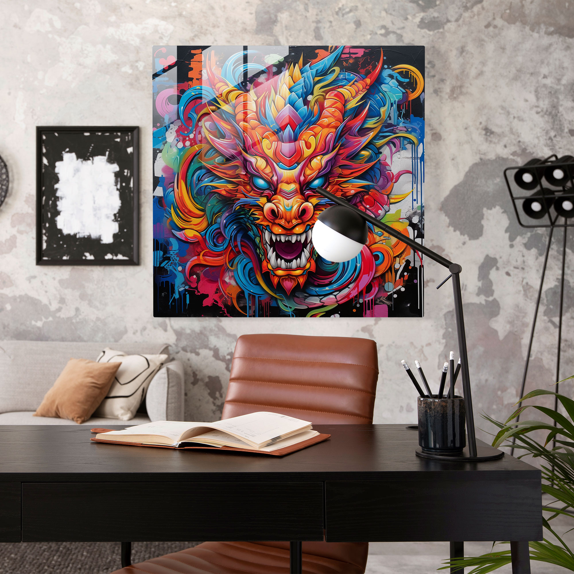 Asian Dragon Glass Print - Contemporary Graffiti Art - Asian, Wall Decoration, Strength, Home Decoration