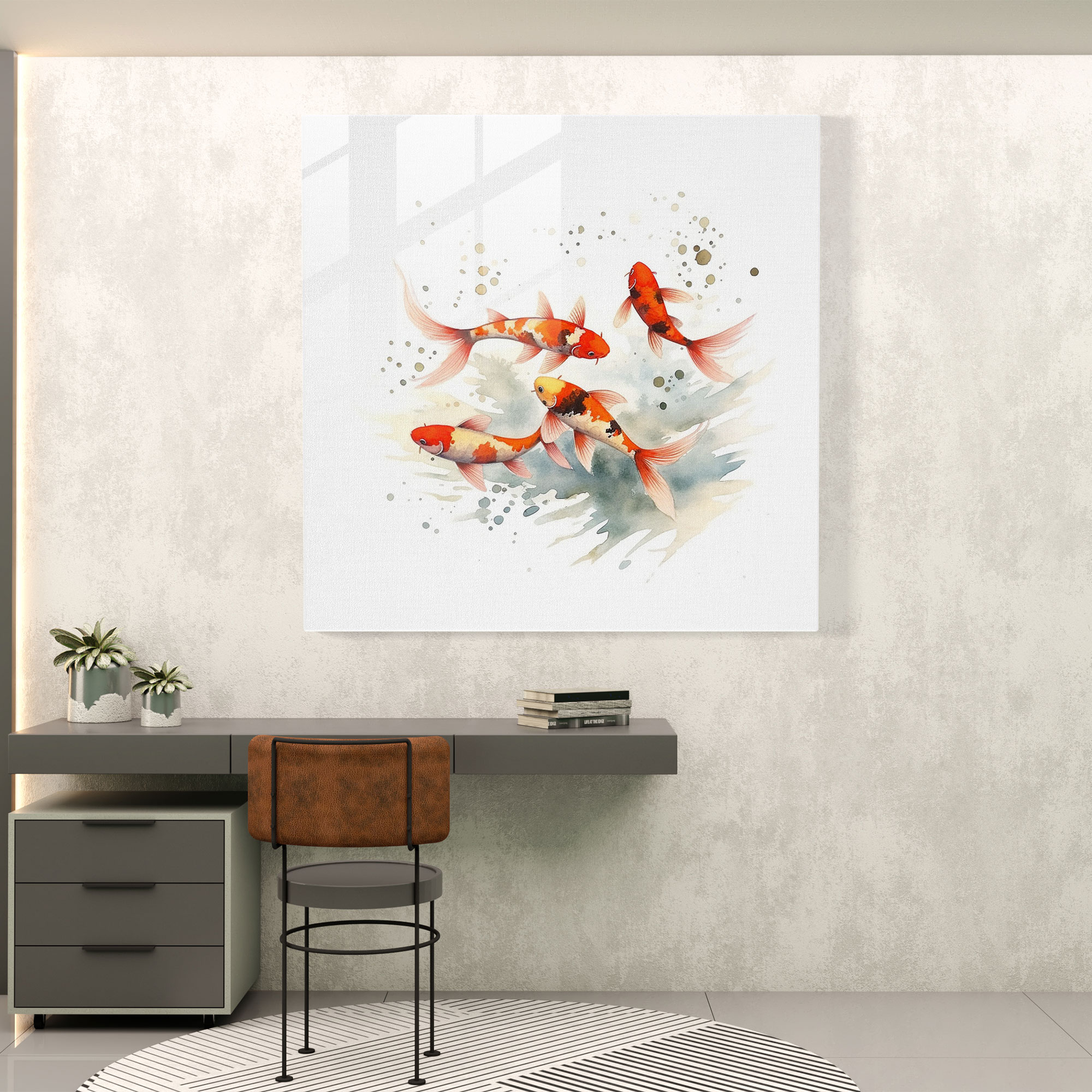 Asian Harmony Glass Print - Asian, Minimalist Watercolor Illustration, Glass Art, Koi Fish