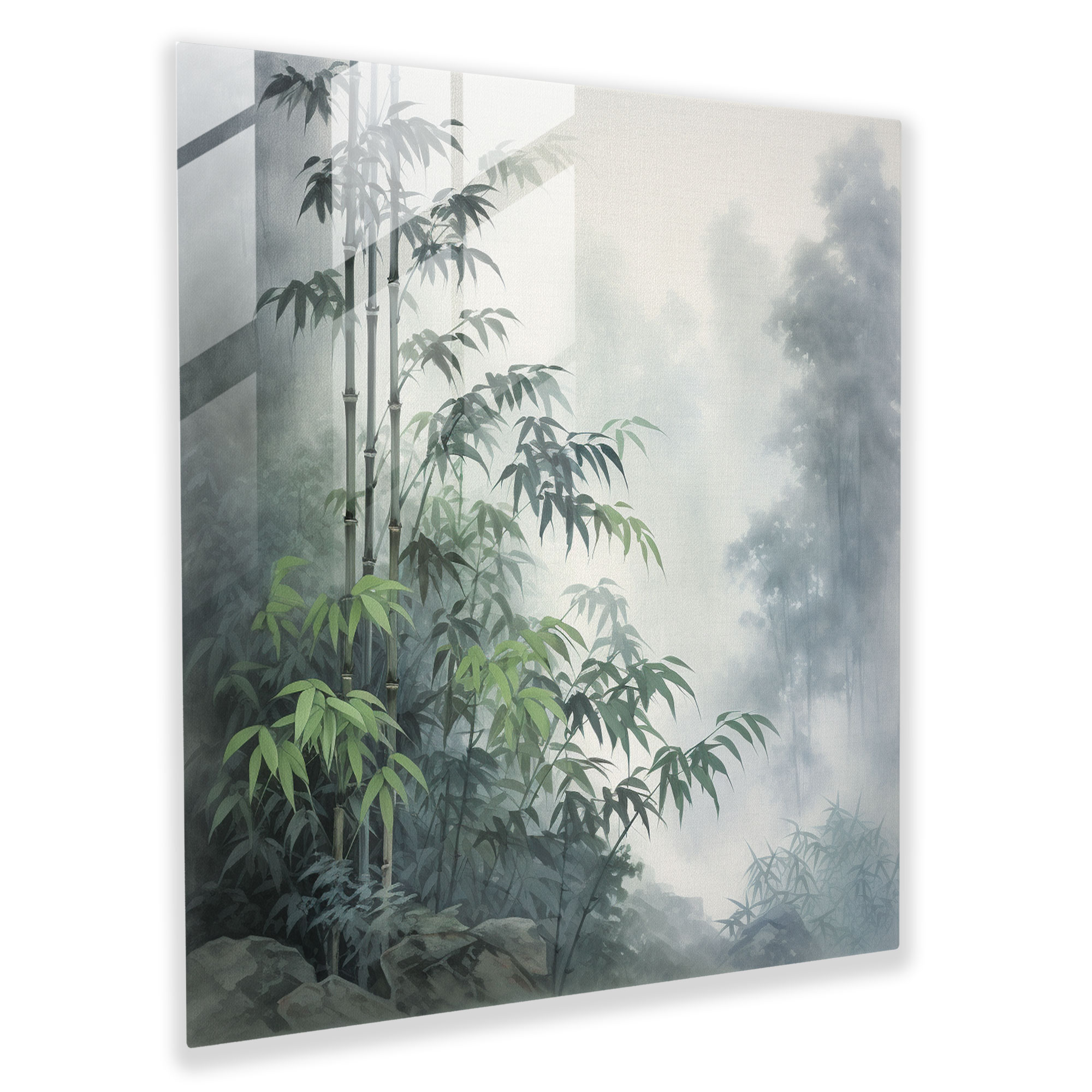Asian Theme - Traditional Chinese Brush Painting Glass Print - Asian, Wall Decoration, Bamboo, Misty Mountains
