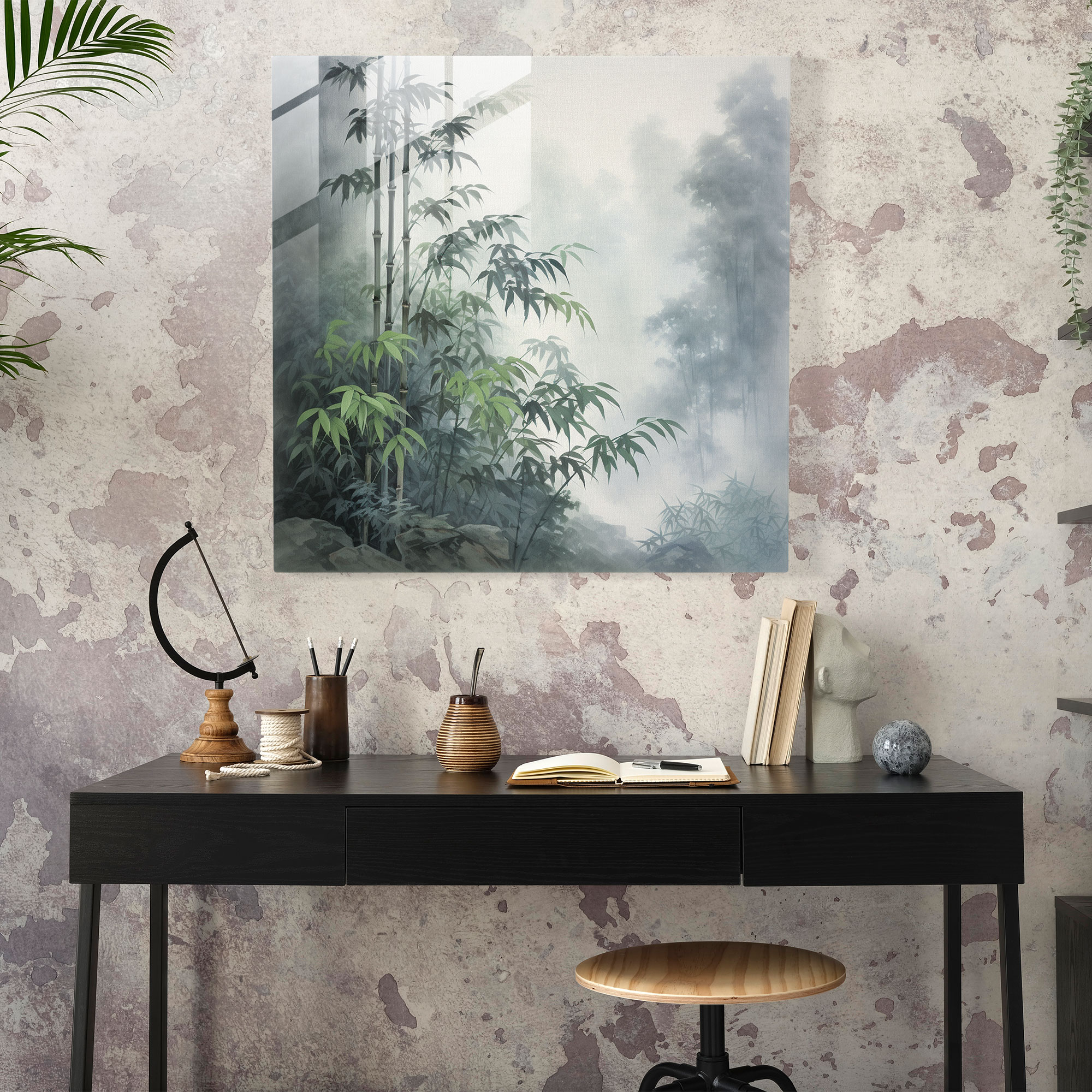 Asian Theme - Traditional Chinese Brush Painting Glass Print - Asian, Wall Decoration, Bamboo, Misty Mountains