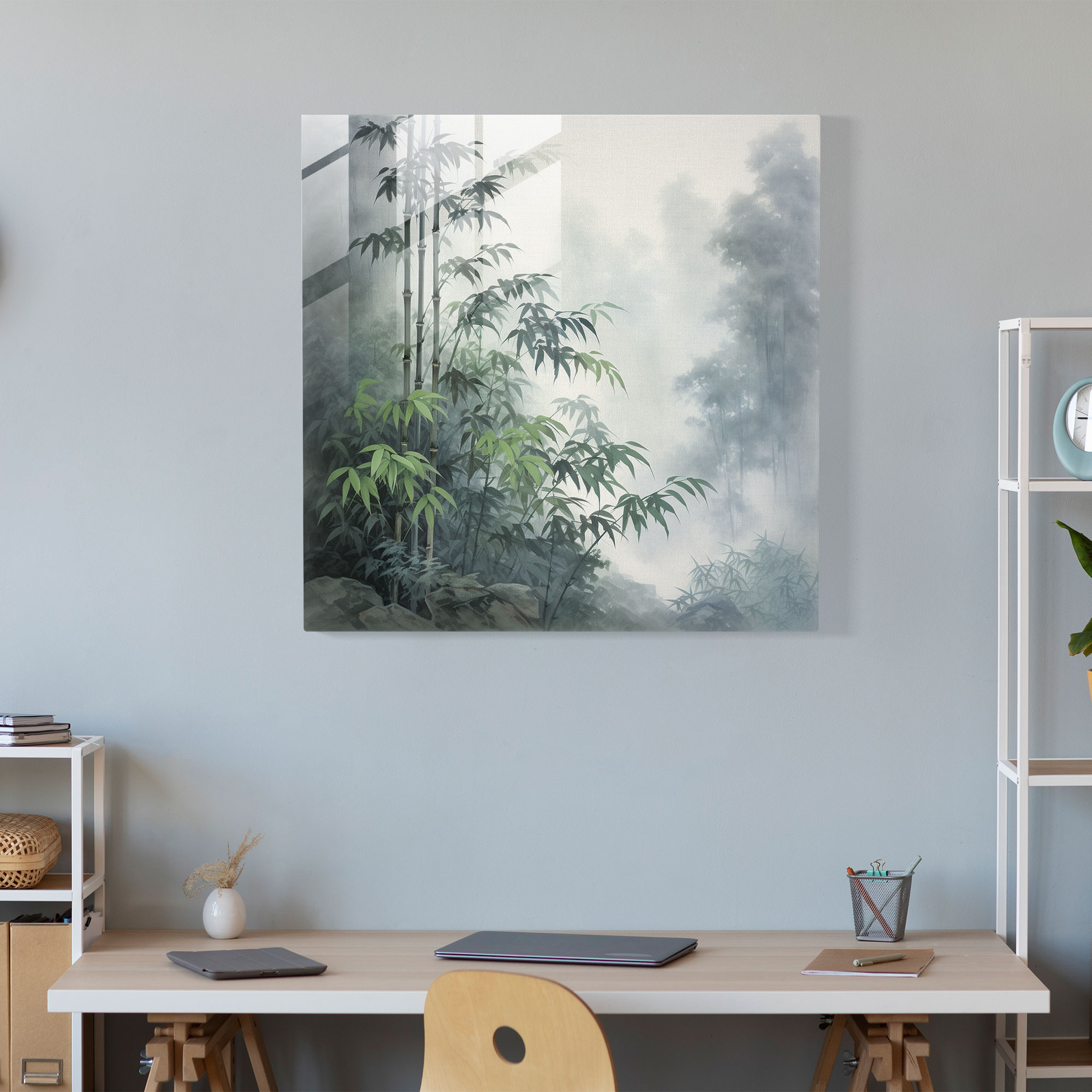 Asian Theme - Traditional Chinese Brush Painting Glass Print - Asian, Wall Decoration, Bamboo, Misty Mountains