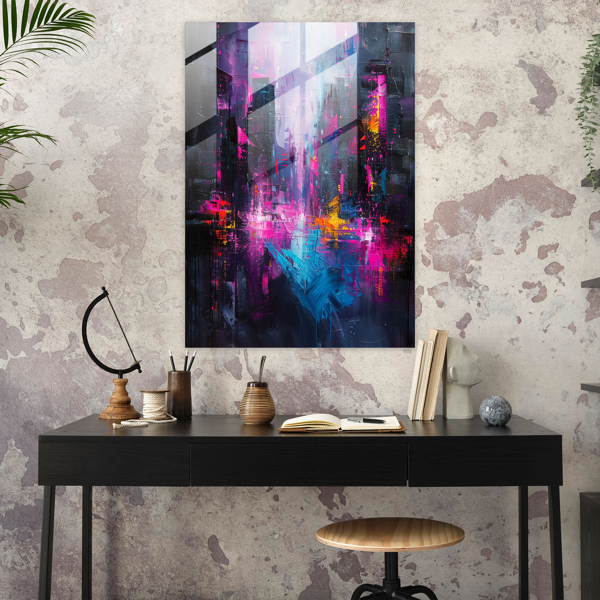 Neon City Glass Wall Art - Ashvin Harrison, Neon Lights, Wall Decoration, Contemporary