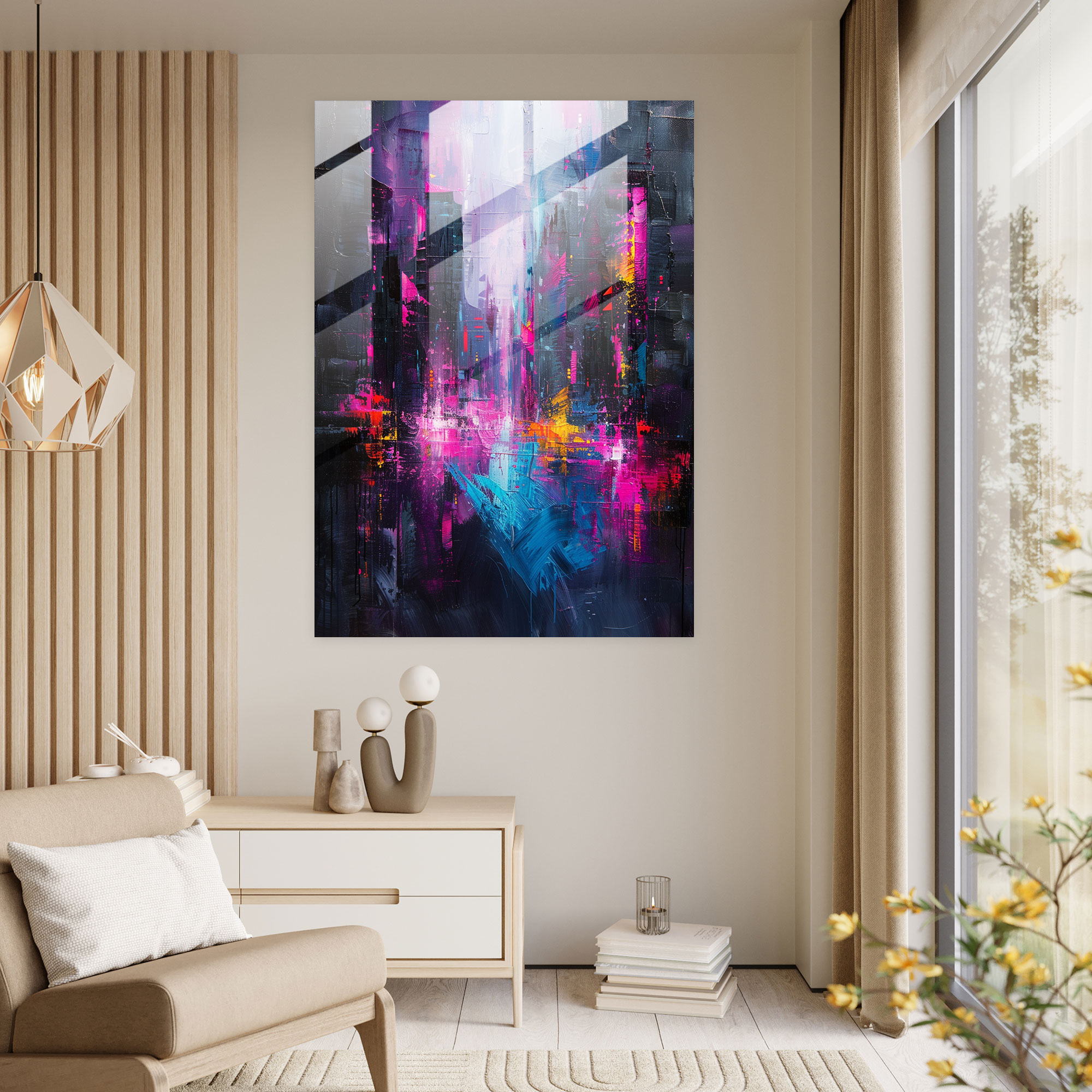 Neon City Glass Wall Art - Ashvin Harrison, Neon Lights, Wall Decoration, Contemporary