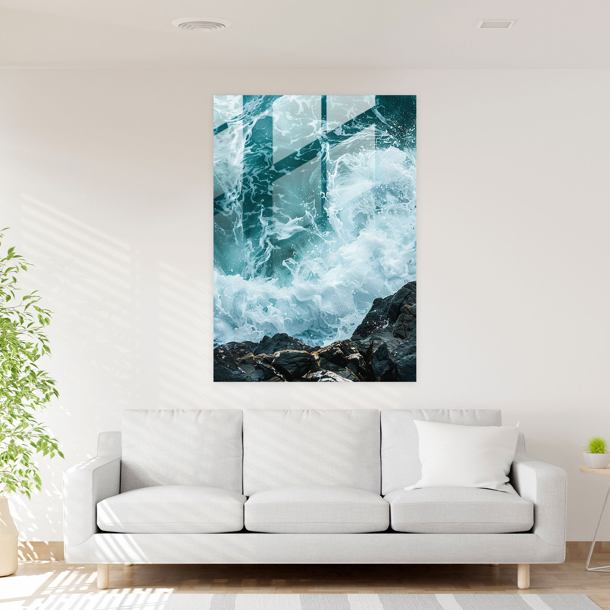 Ashvin Harrison Glass Print - Abstract Waves On Rocky Shore - Ashvin Harrison, Glass Wall Art, Home Decoration, Ashvin Harrison