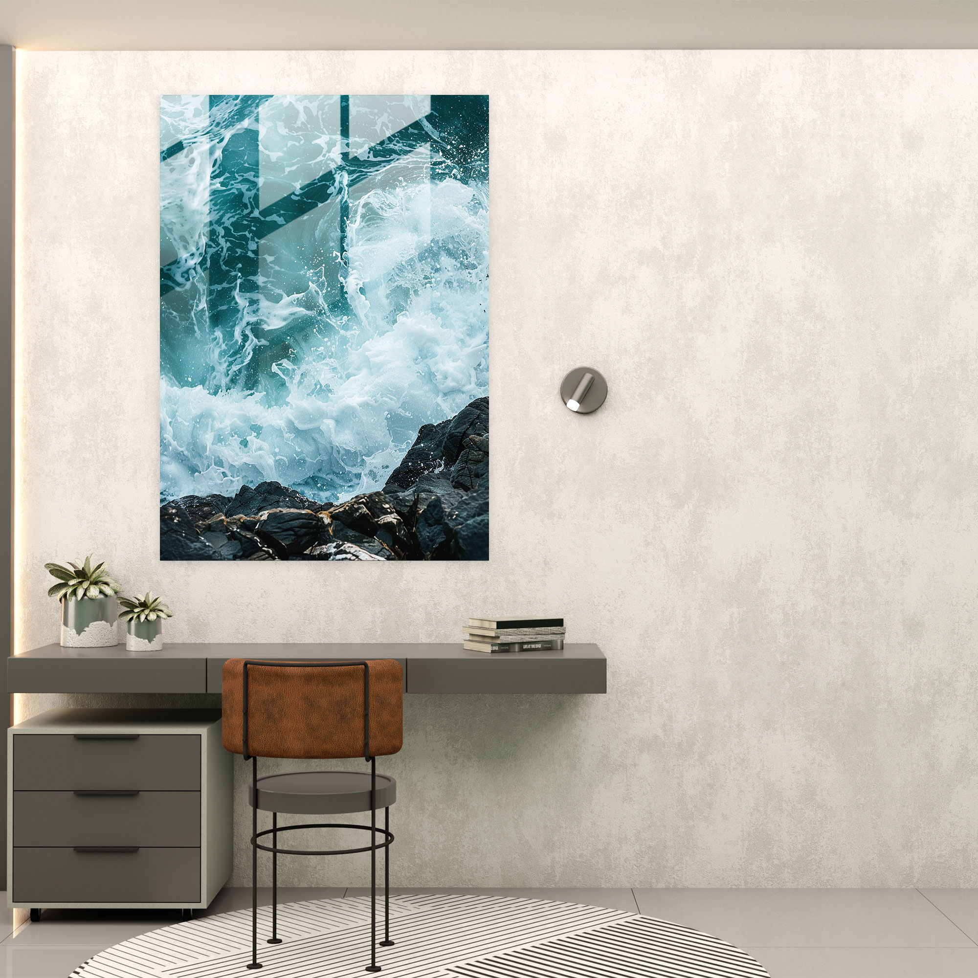 Ashvin Harrison Glass Print - Abstract Waves On Rocky Shore - Ashvin Harrison, Glass Wall Art, Home Decoration, Ashvin Harrison