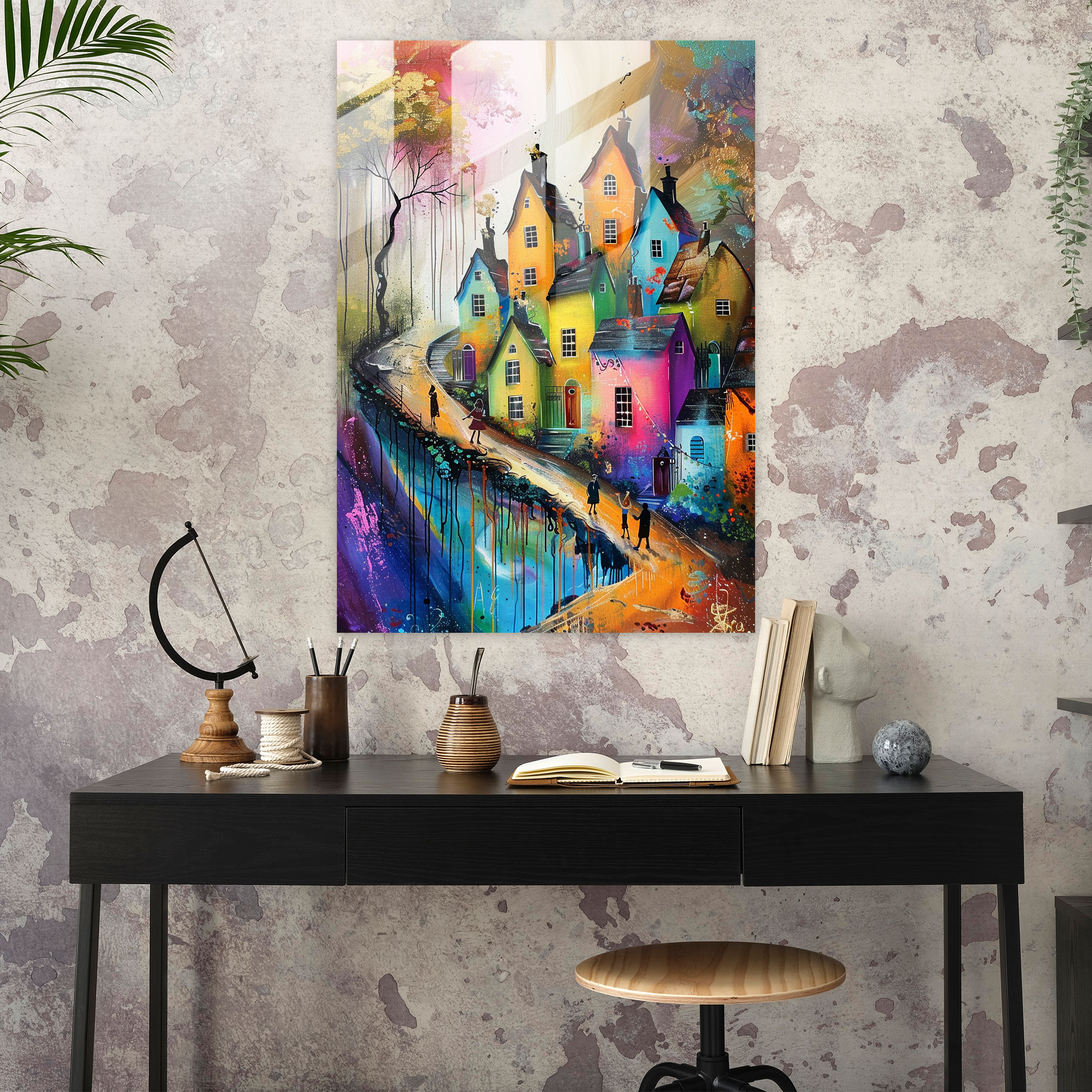 Ashvin Harrison Glass Art - Whimsical Village Scene - Ashvin Harrison, Ashvin Harrison, Home Decoration, Modern Art