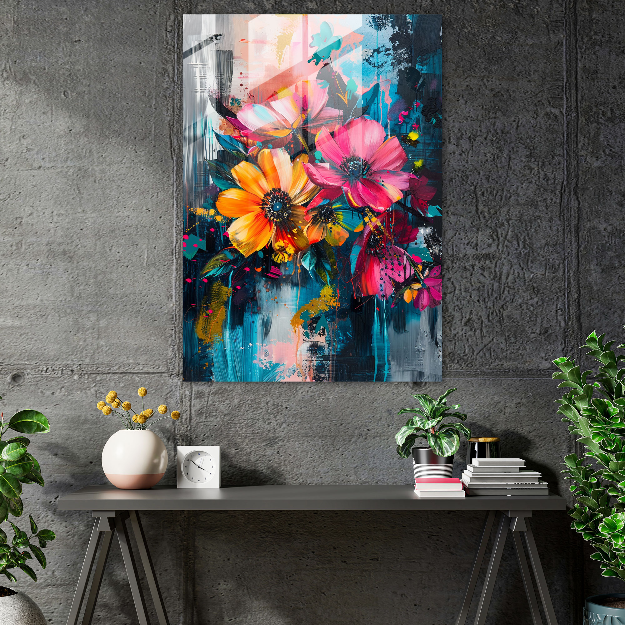 Ashvin Harrison Glass Wall Art - Vibrant Floral Arrangement - Ashvin Harrison, Glass Wall Art, Modern Art, Home Decoration