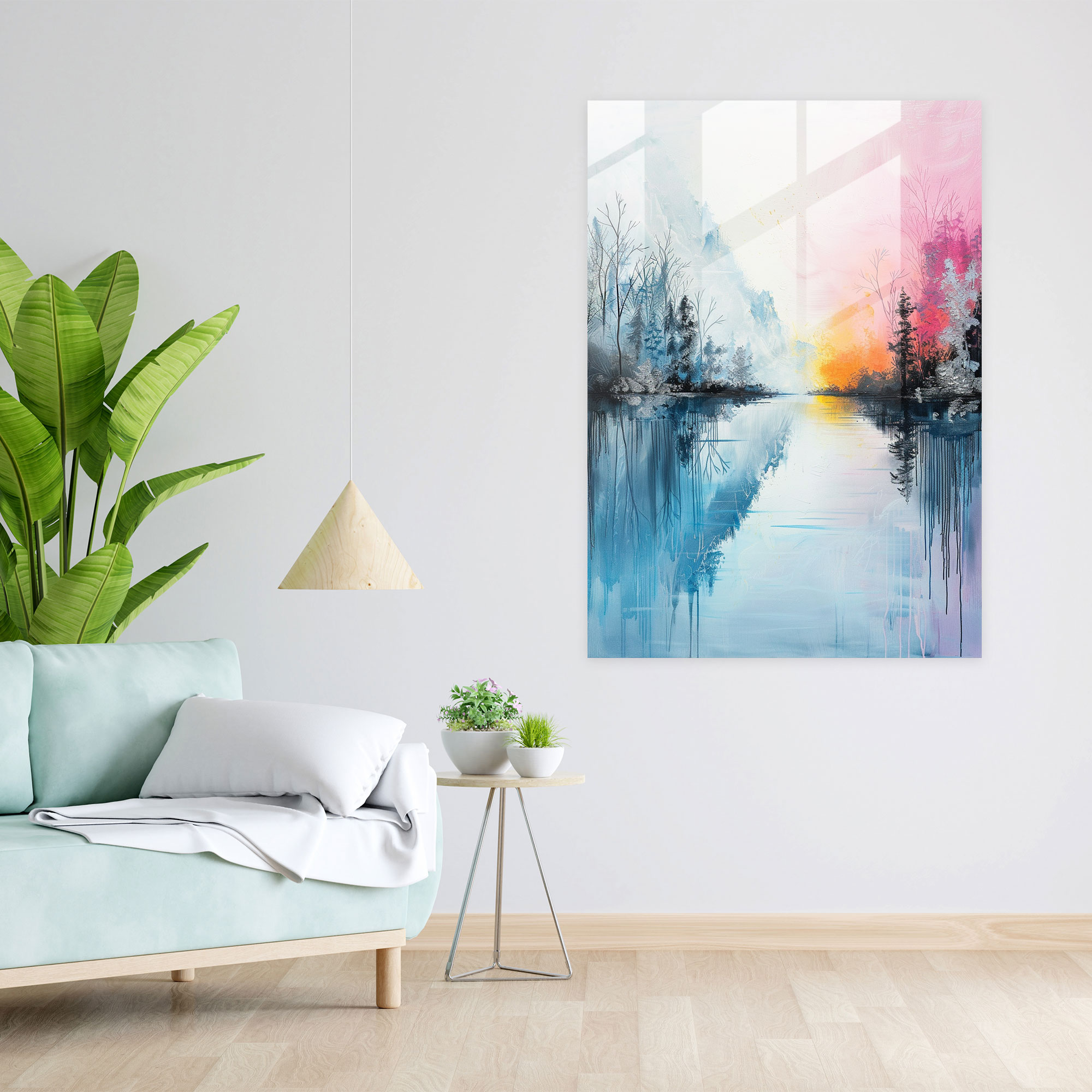 Ashvin Harrison Glass Wall Art: Serene Lake View - Ashvin Harrison, Home Decoration, Pastel Colors, Glass Print