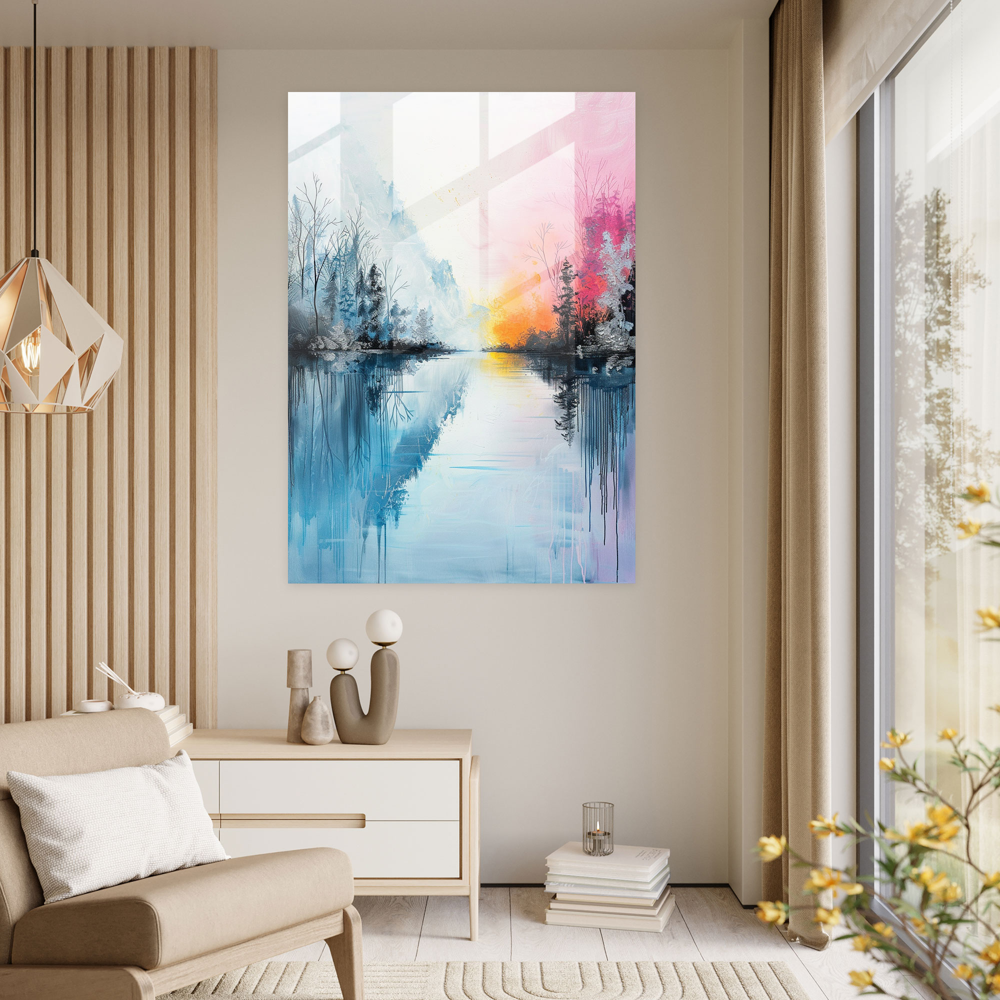 Ashvin Harrison Glass Wall Art: Serene Lake View - Ashvin Harrison, Home Decoration, Pastel Colors, Glass Print