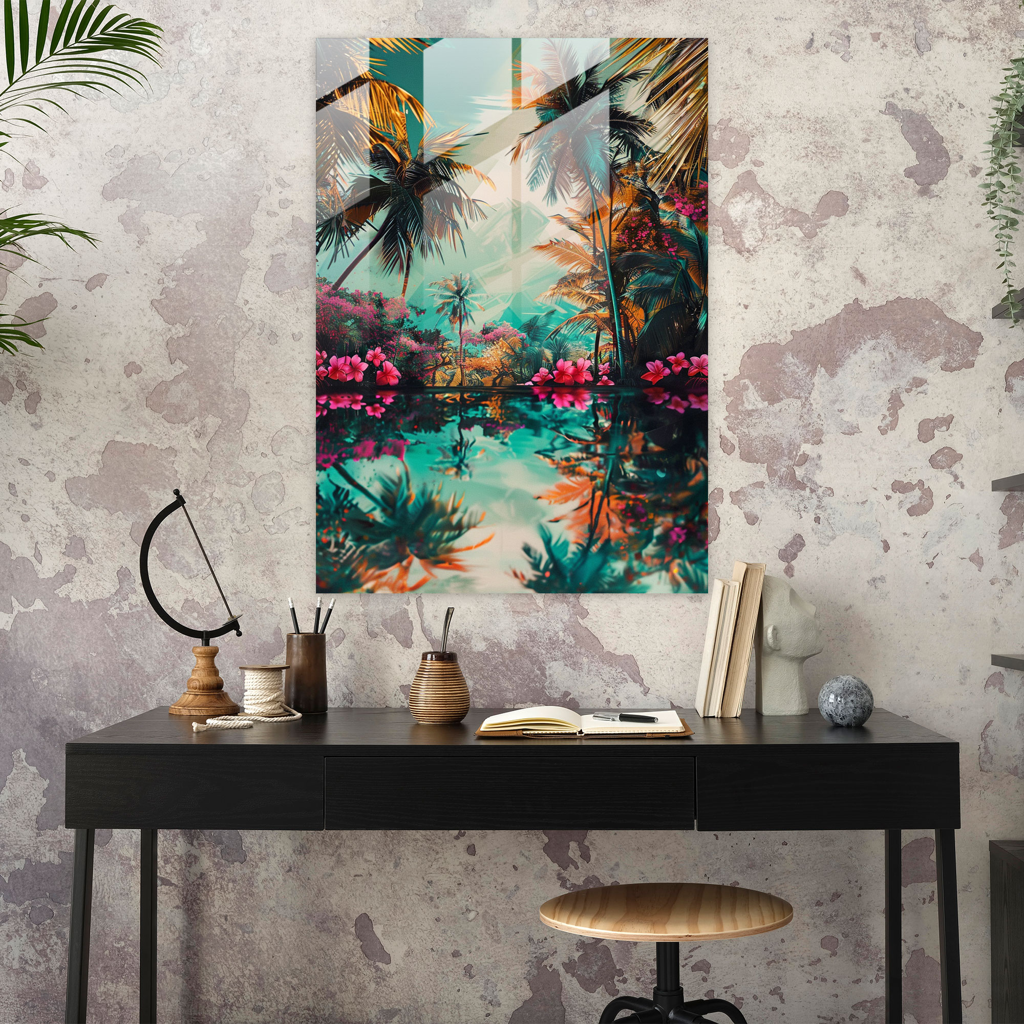 Tropical Paradise Glass Wall Art In Ashvin Harrison Style - Ashvin Harrison, Glass Art, Home Decoration, Wall Decoration