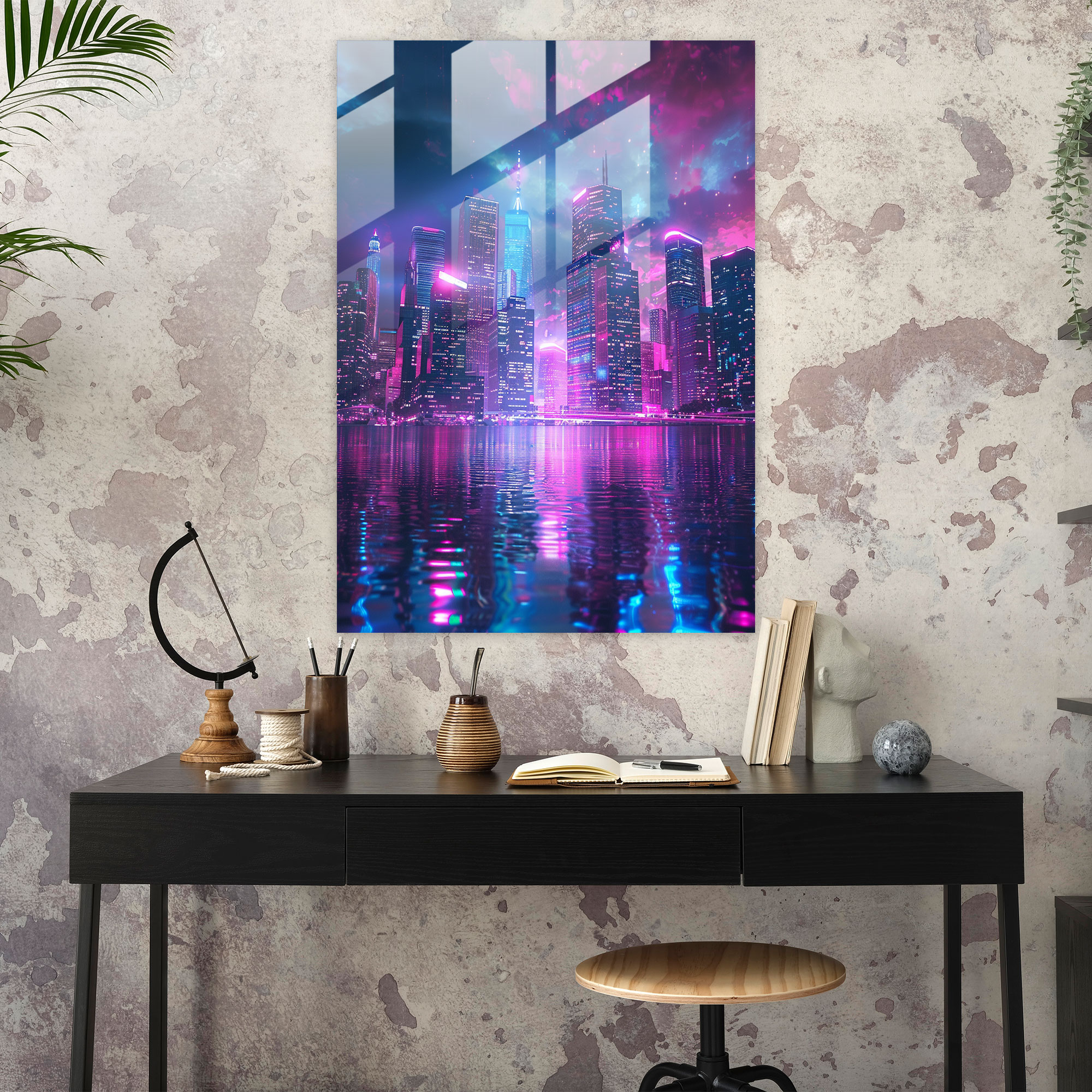 Futuristic City Skyline Glass Wall Art In Ashvin Harrison Style - Ashvin Harrison, Home Decoration, Glass Wall Art, Ashvin Harrison