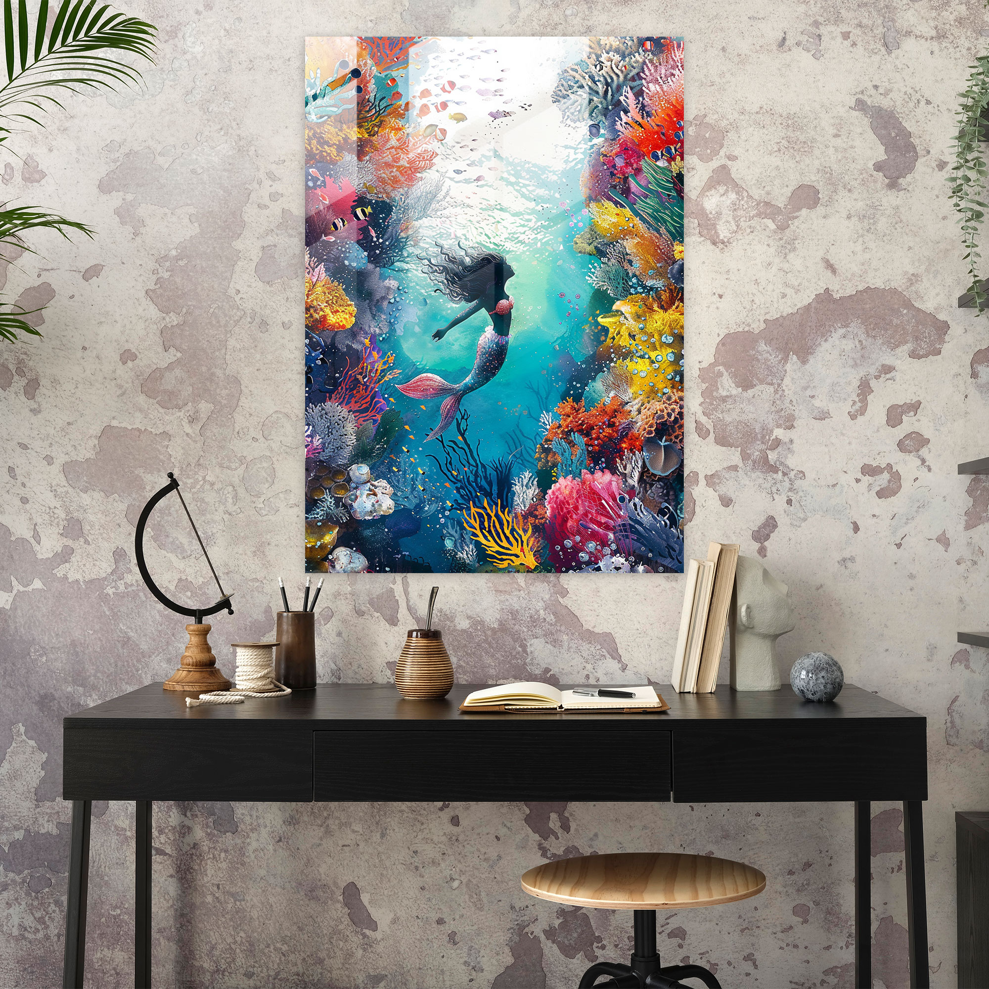 Ashvin Harrison Glass Print - Colorful Mermaid - Ashvin Harrison, Glass Art, Ashvin Harrison, Modern Art