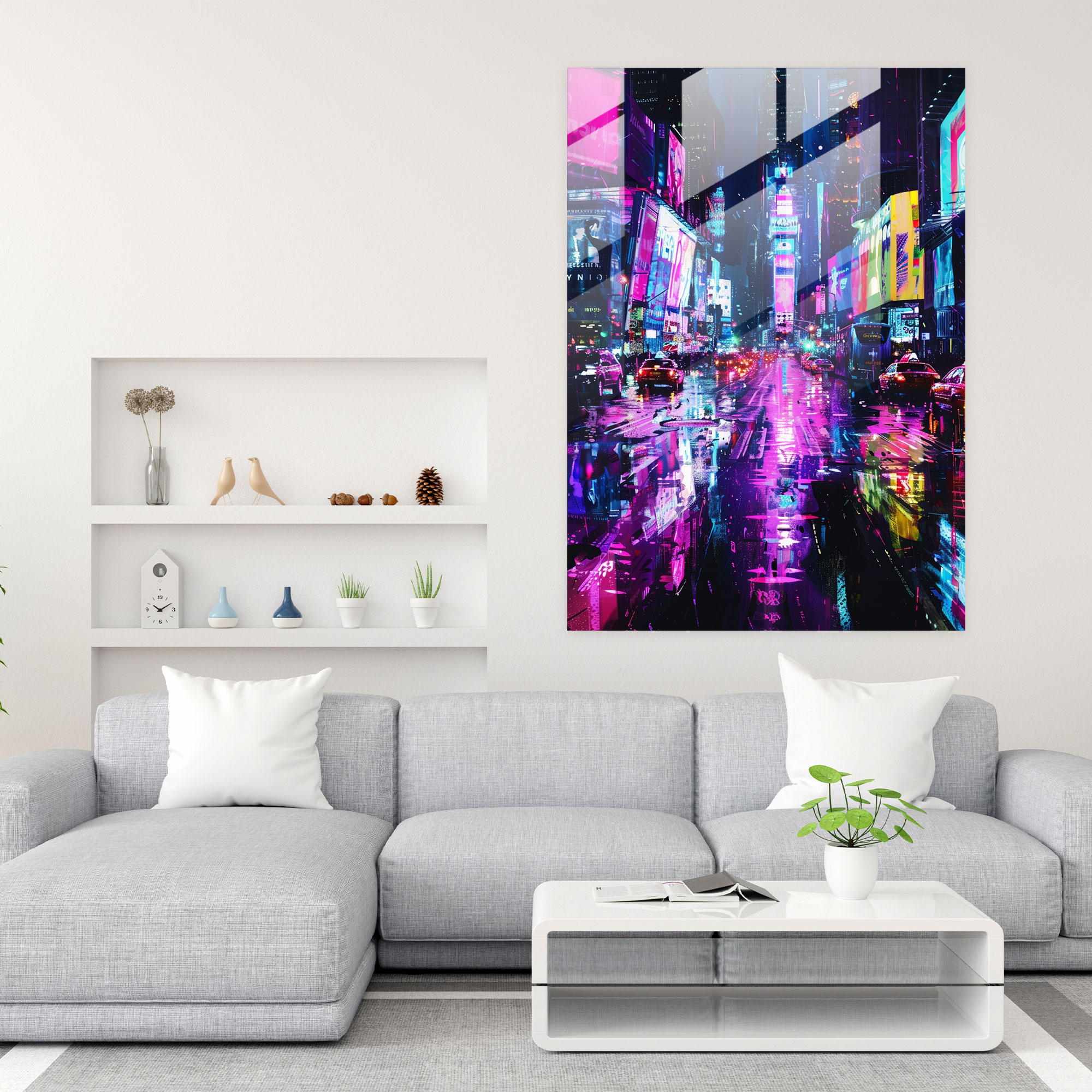 Ashvin Harrison Glass Print: Surreal Cityscape Glass Wall Art - Ashvin Harrison, Neon Lights, Glass Wall Art, Ashvin Harrison