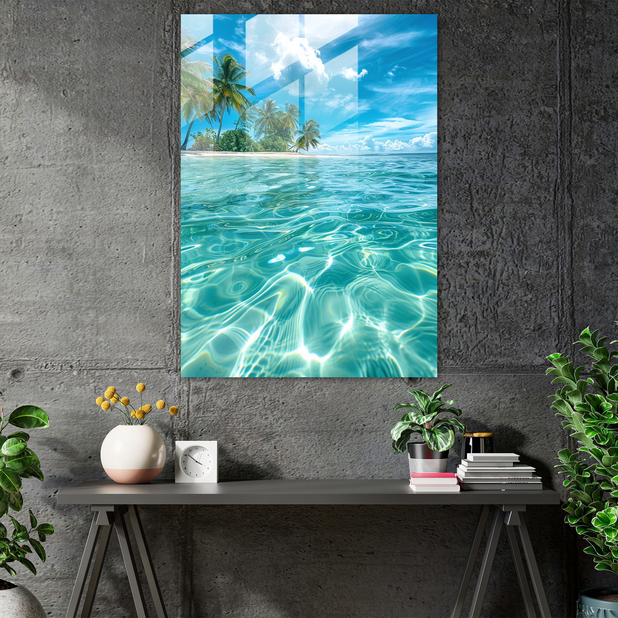 Ashvin Harrison Glass Print: Vibrant Tropical Paradise Glass Wall Art - Ashvin Harrison, Home Decoration, Crystal Clear Waters, Vibrant Tropical Paradise