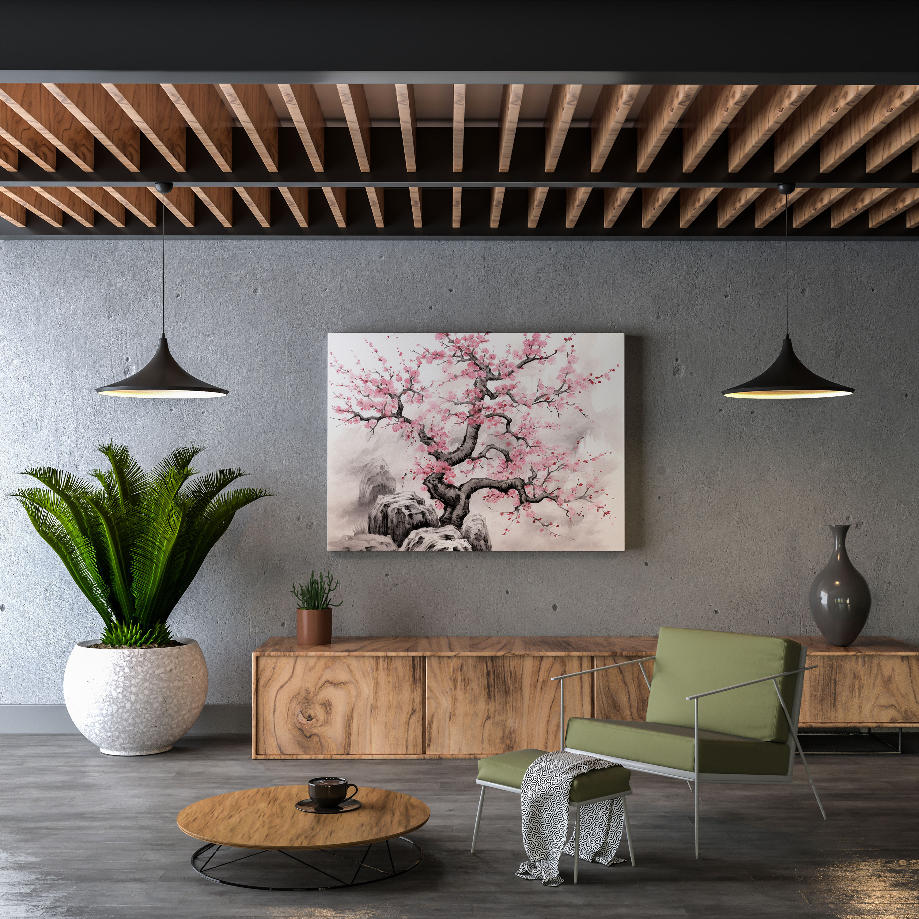 Asian Canvas Print: Traditional Japanese Ink Painting Cherry Blossom Tree Wall Art - Asian, Canvas Print, Traditional Japanese Ink Painting, Wall Art