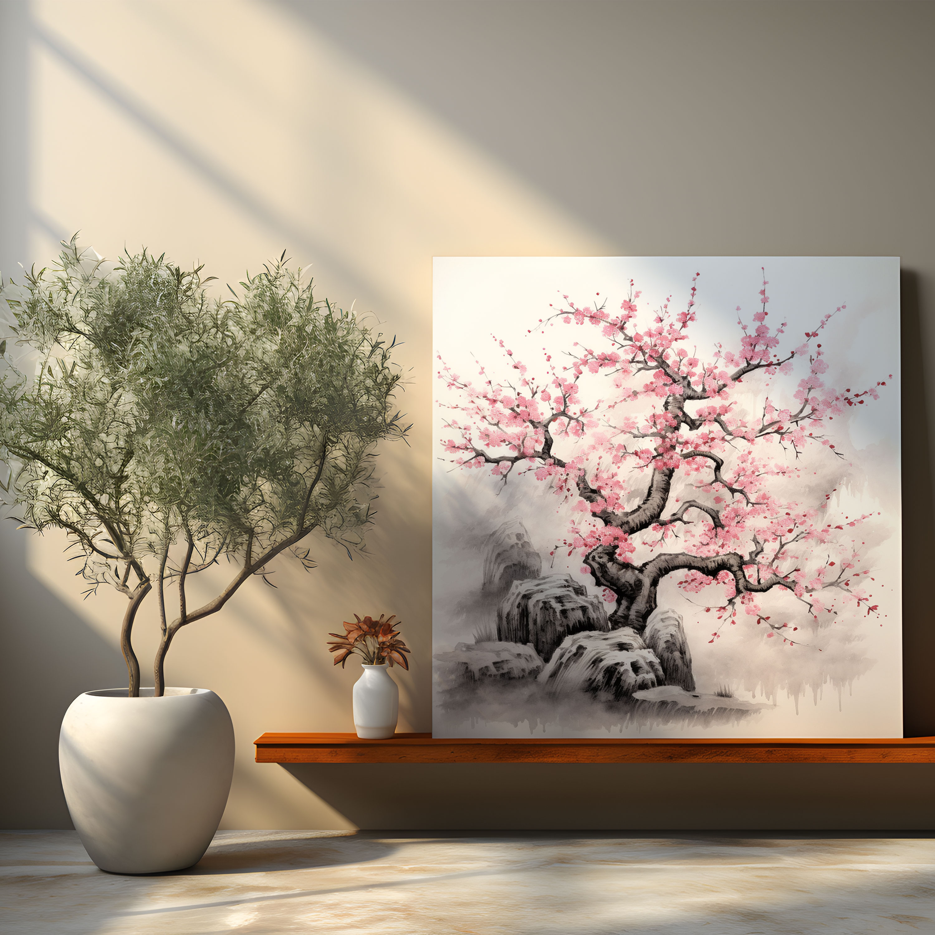 Asian Canvas Print: Traditional Japanese Ink Painting Cherry Blossom Tree Wall Art - Asian, Canvas Print, Traditional Japanese Ink Painting, Wall Art