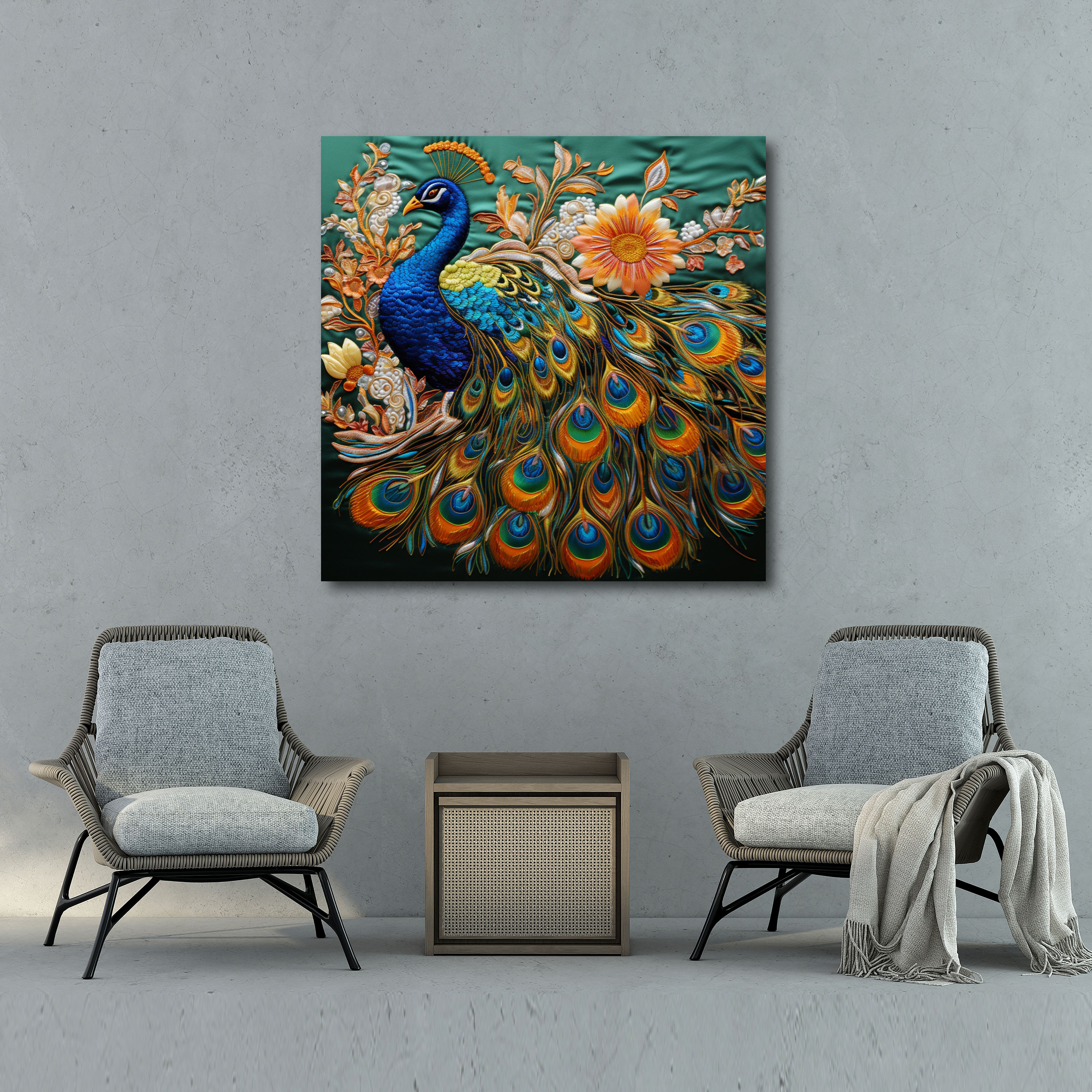Asian Canvas Print: Delicate Silk Embroidery Peacock Wall Art - Asian, Wall Decoration, Canvas, Peacock Design