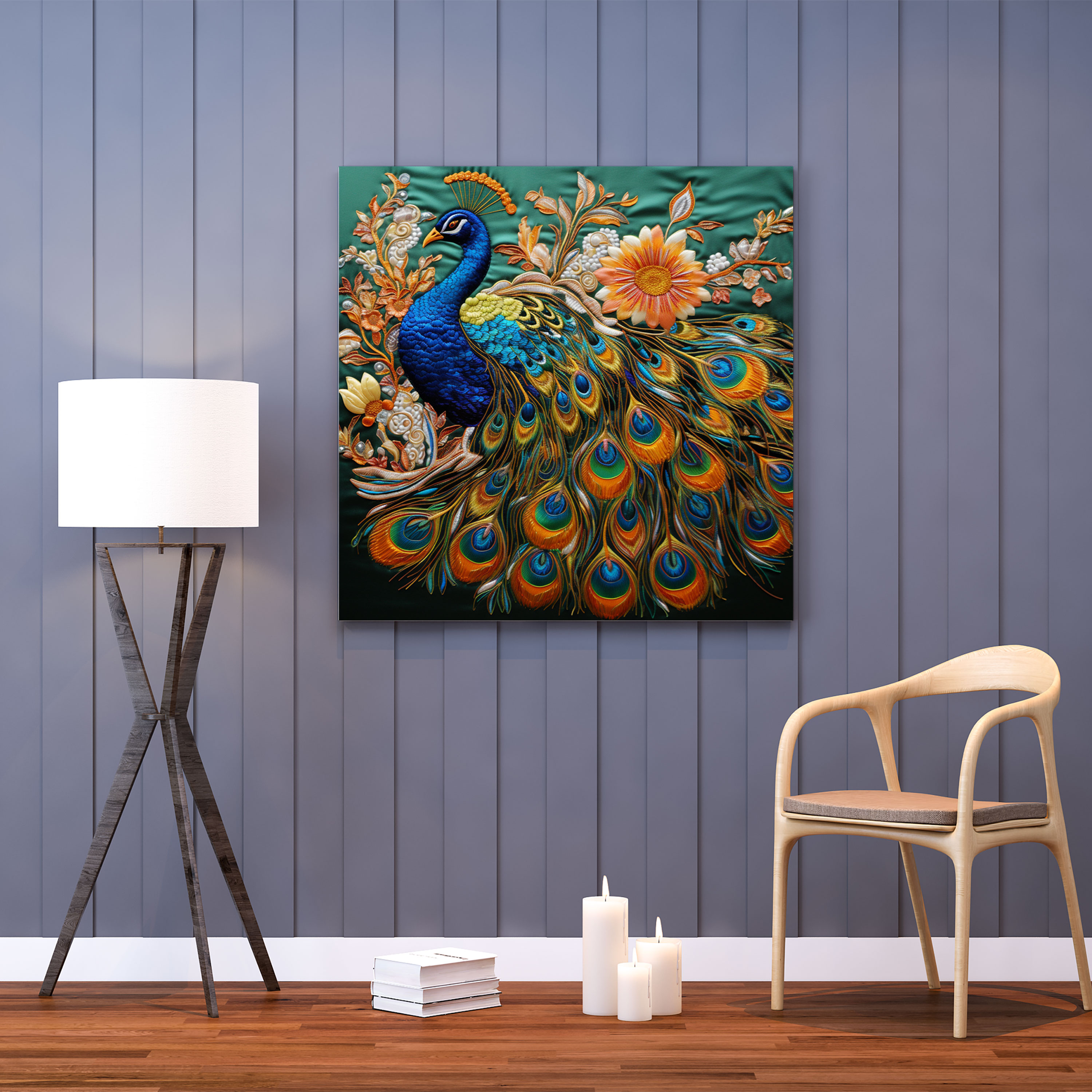 Asian Canvas Print: Delicate Silk Embroidery Peacock Wall Art - Asian, Wall Decoration, Canvas, Peacock Design