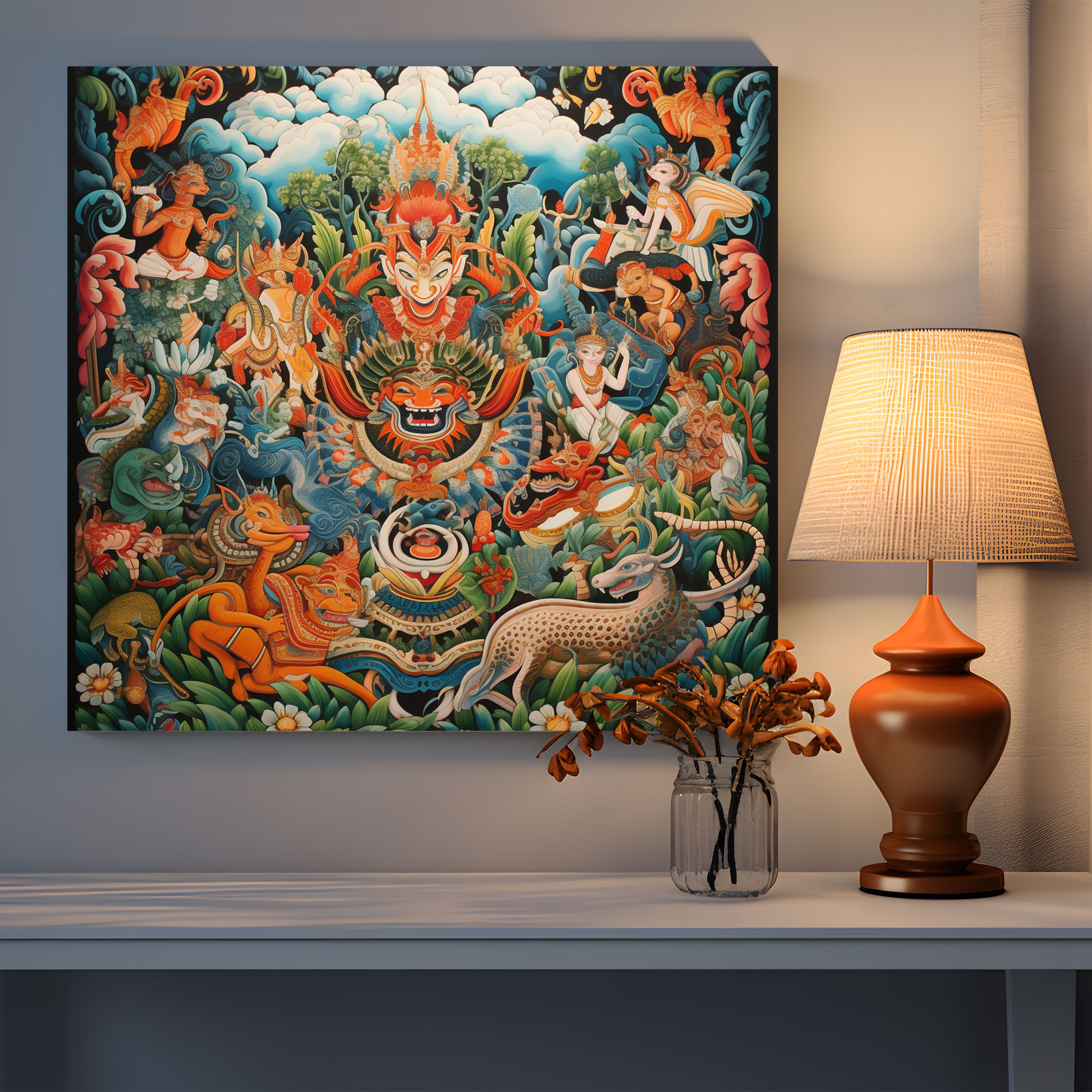Asian Wall Decoration - Traditional Thai Mural Painting - Mythical Creatures, Canvas Print - Asian, Intricate Details, Mythical Creatures, Wall Art