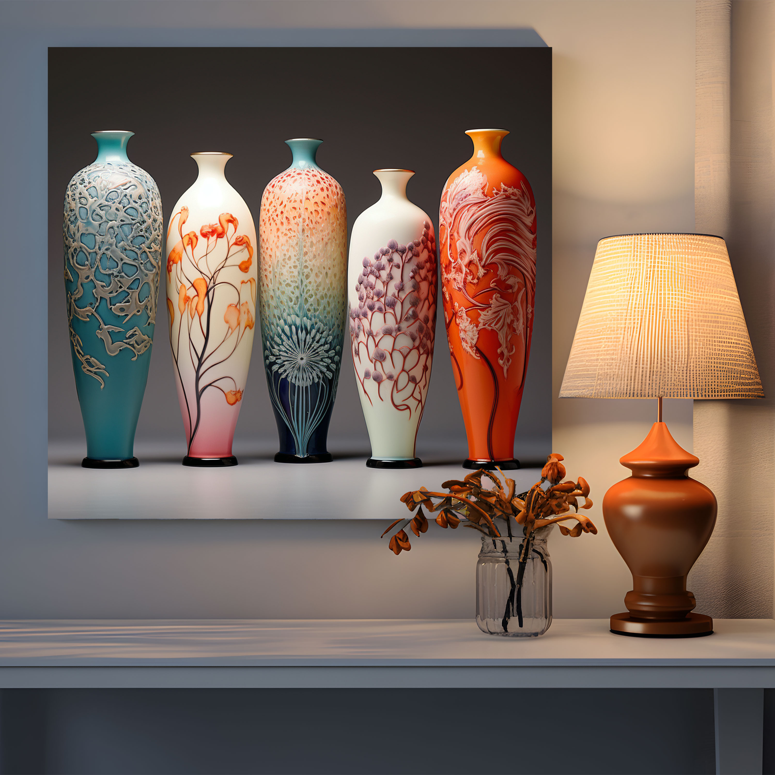 Asian Wall Decoration - Floral Porcelain Vases - Asian, Canvas Wall Art, Wall Art, Asian