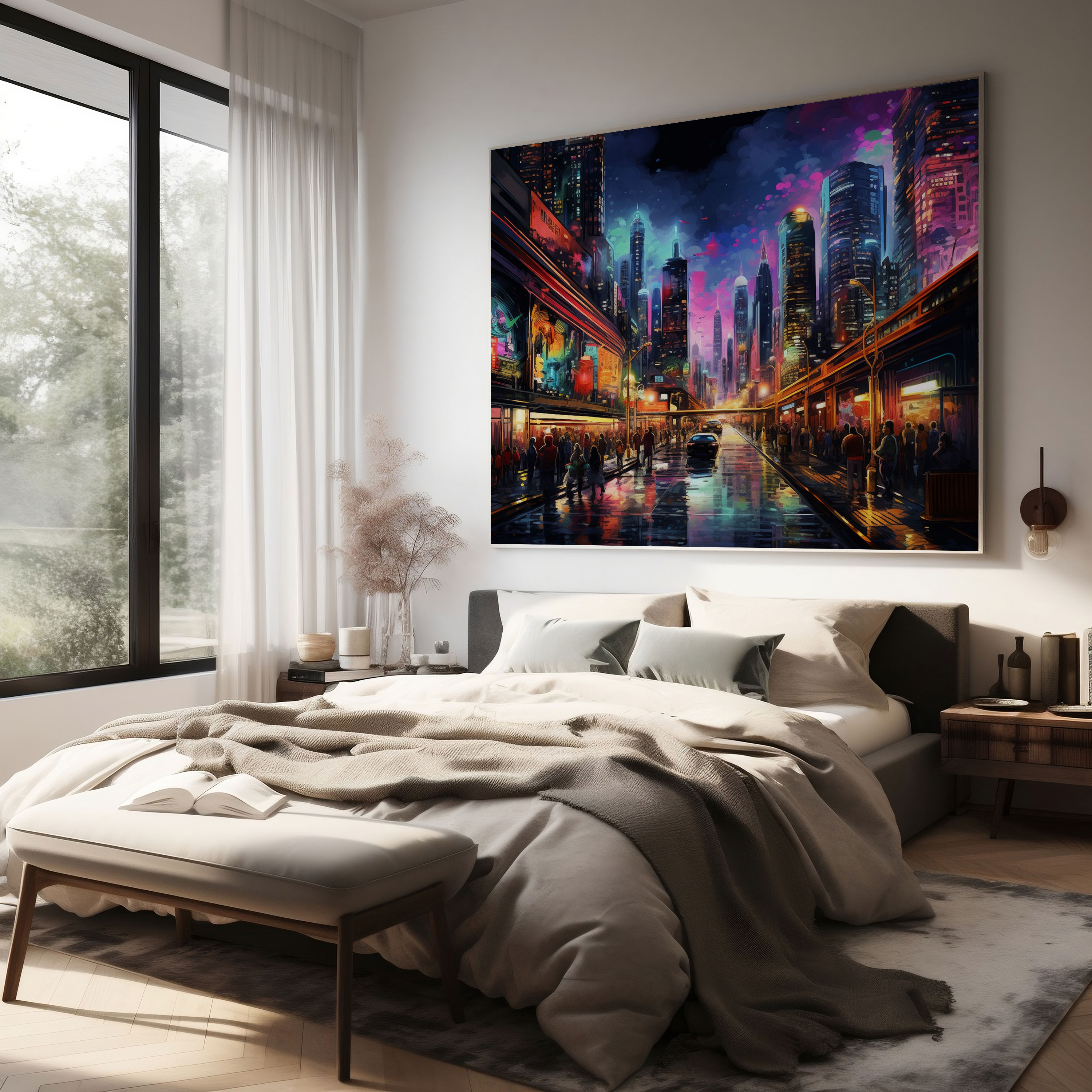 Asian Wall Art: Dynamic Night Cityscape - Asian, Contemporary Digital Art, Wall Decoration, Canvas