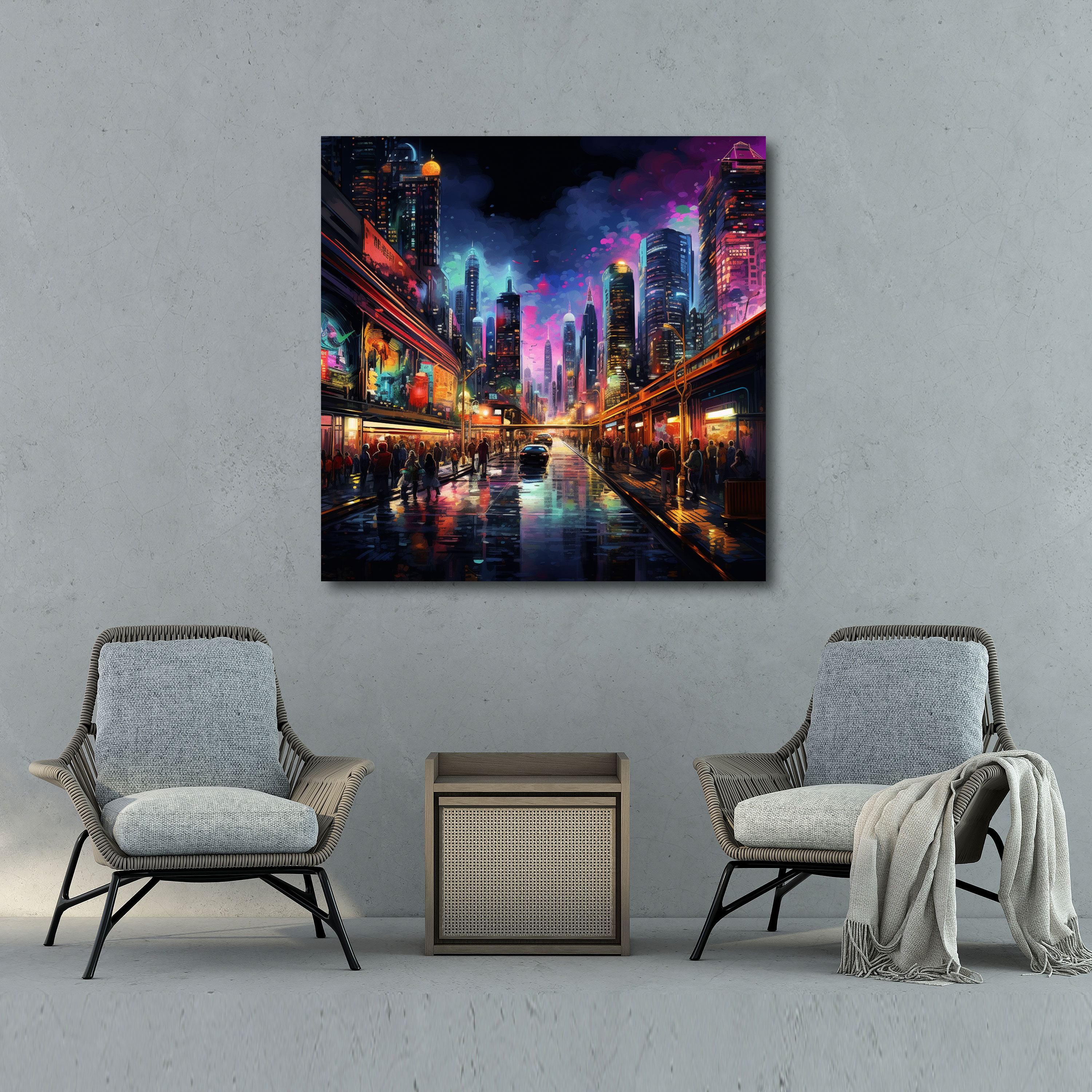 Asian Wall Art: Dynamic Night Cityscape - Asian, Contemporary Digital Art, Wall Decoration, Canvas