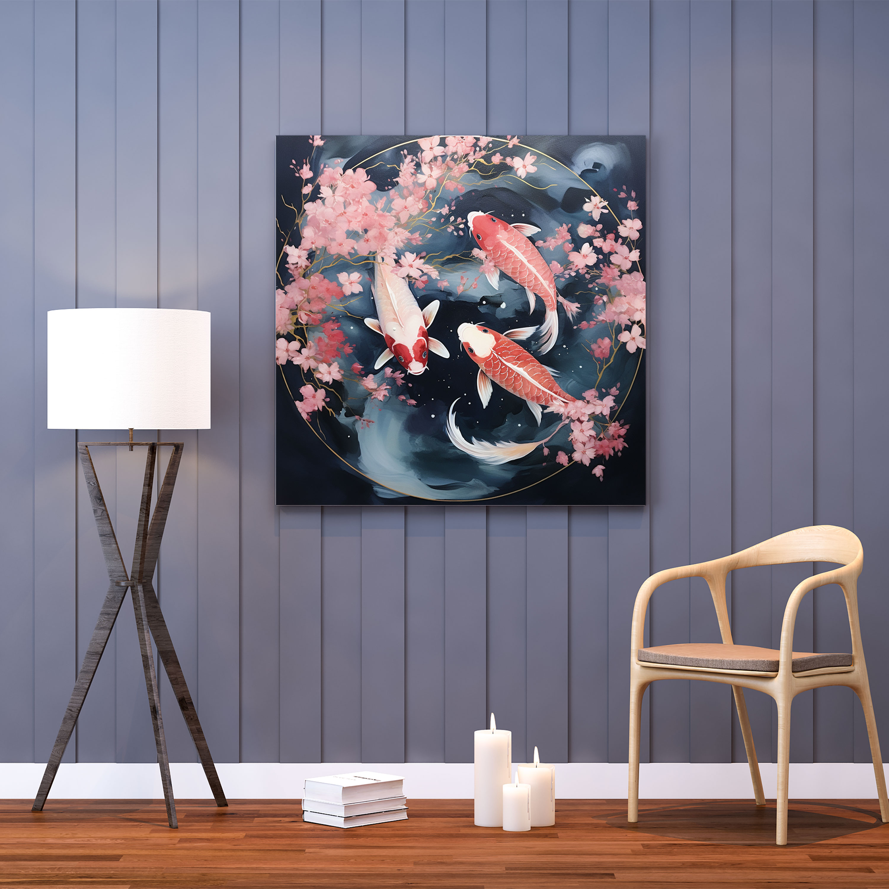 Asian Wall Art: Serene Cherry Blossoms And Koi - Asian, Koi Fish, Canvas Print, Asian