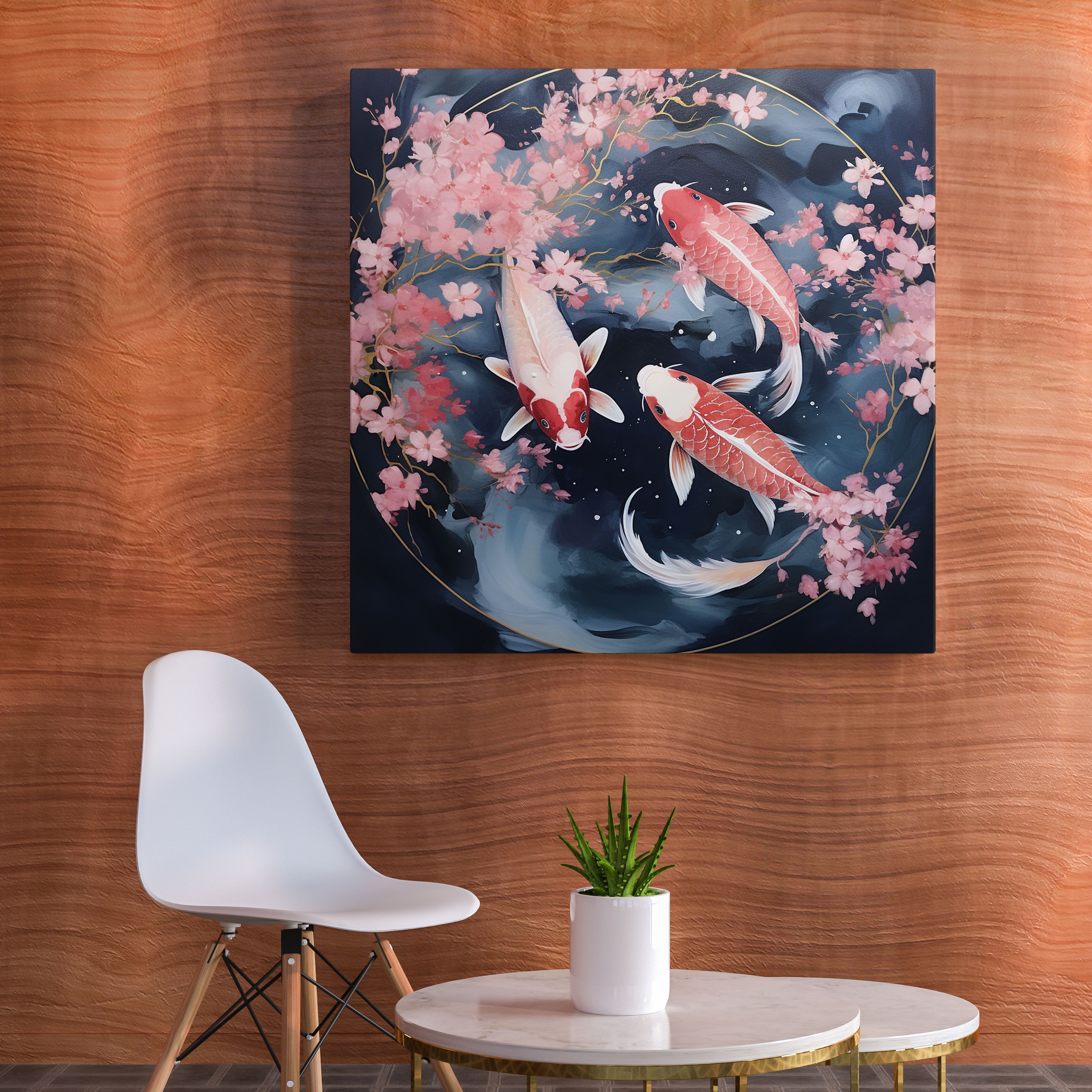 Asian Wall Art: Serene Cherry Blossoms And Koi - Asian, Koi Fish, Canvas Print, Asian