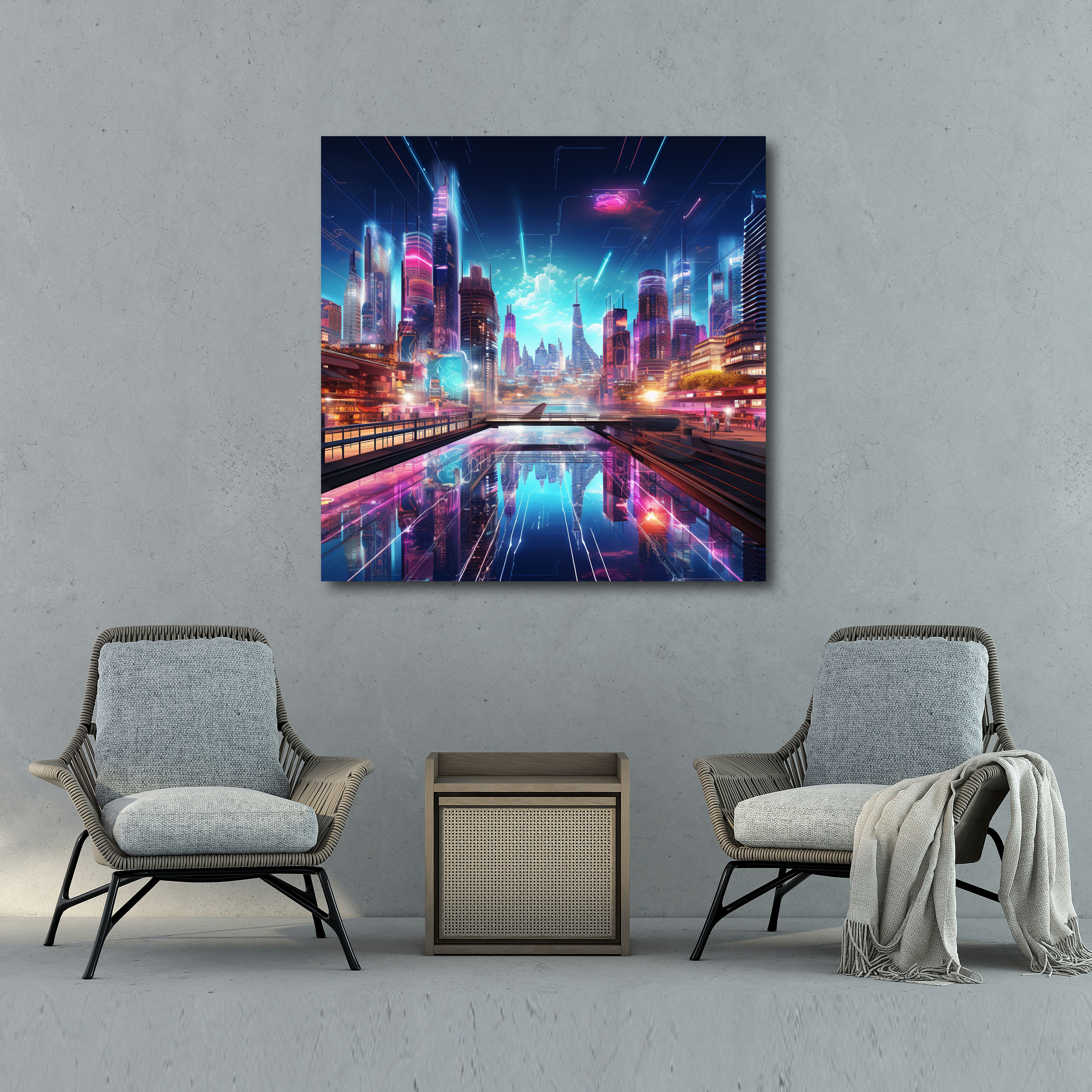 Asian Wall Art: Futuristic Neon Cityscape - Asian, Modern Architecture, Contemporary Digital Art, Neon Lights