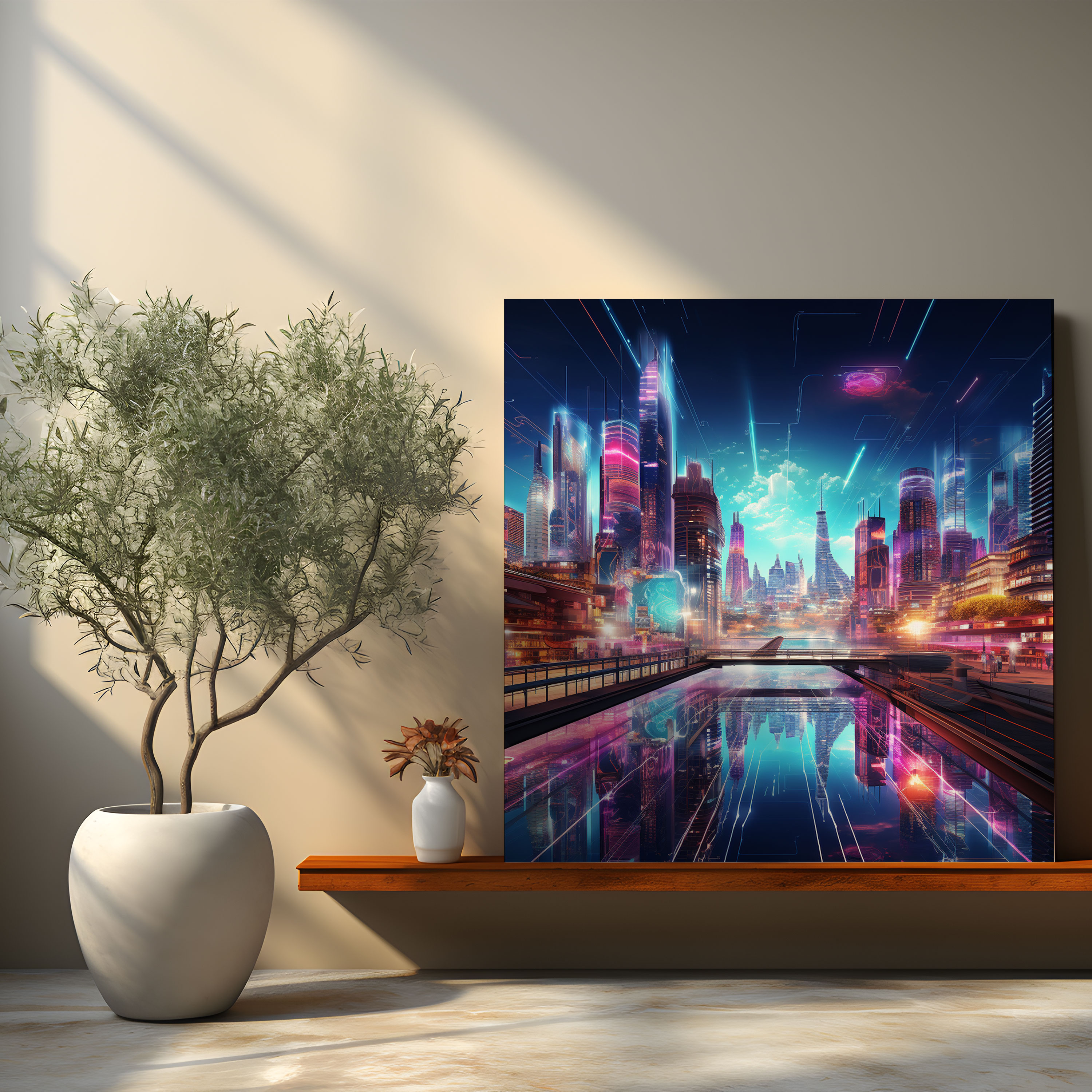 Asian Wall Art: Futuristic Neon Cityscape - Asian, Modern Architecture, Contemporary Digital Art, Neon Lights