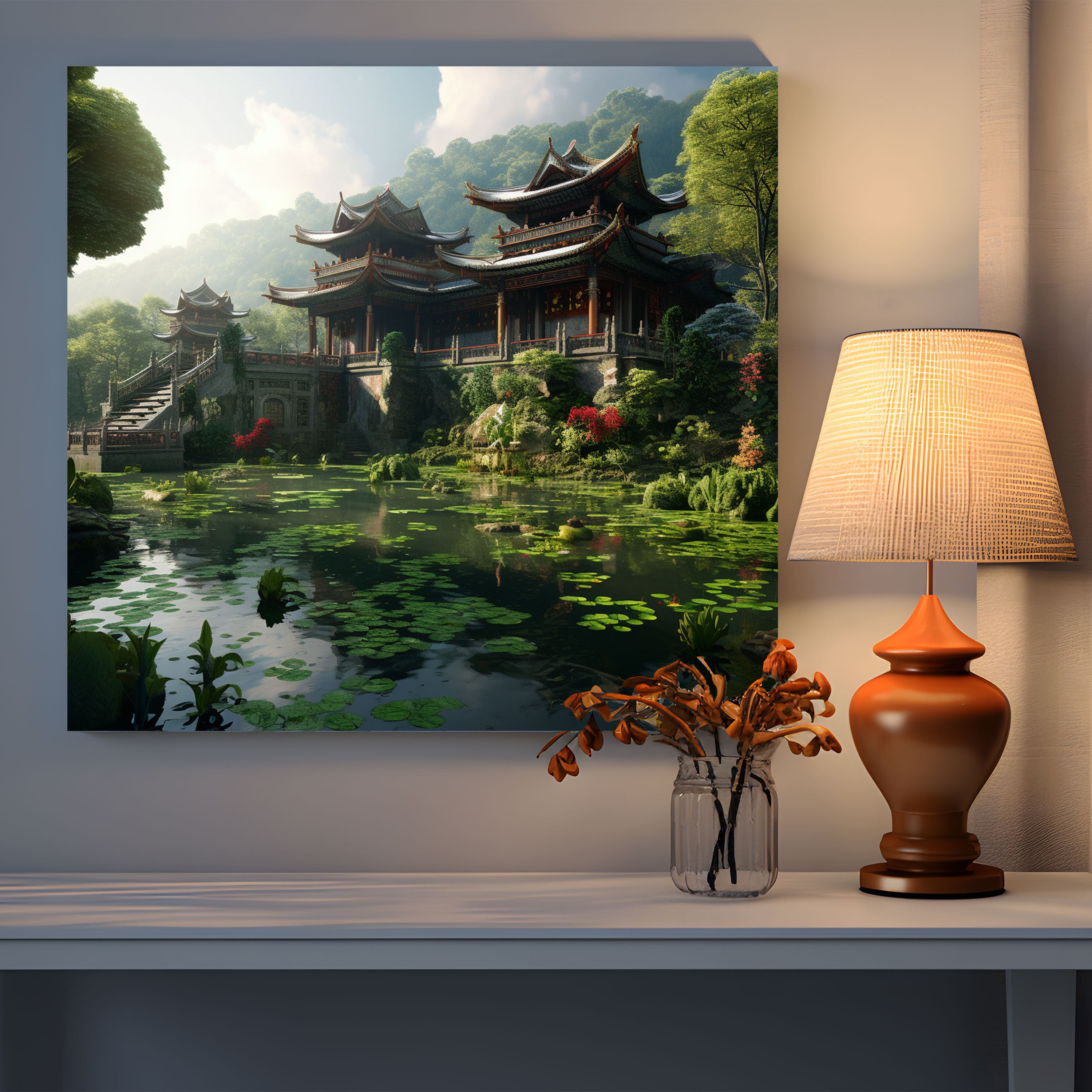 Asian Temple Wall Art - Asian, Serene, Lush Greenery, Wall Decoration
