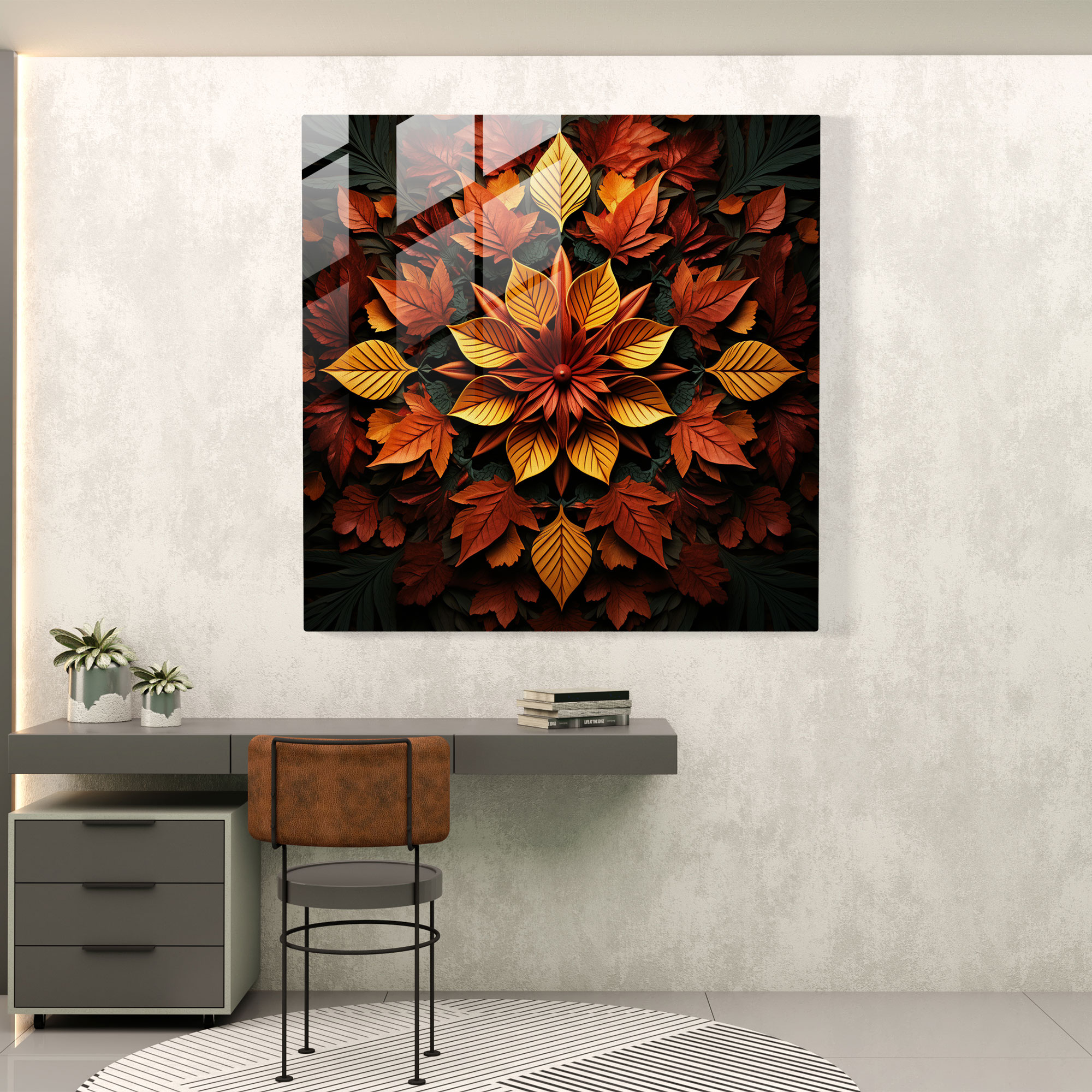 Sonbahar Yaprakları Mandala Cam Tablo - Sonbahar Ev Dekorasyonu Cam Duvar Sanatı Dijital Sanat Tasarımı