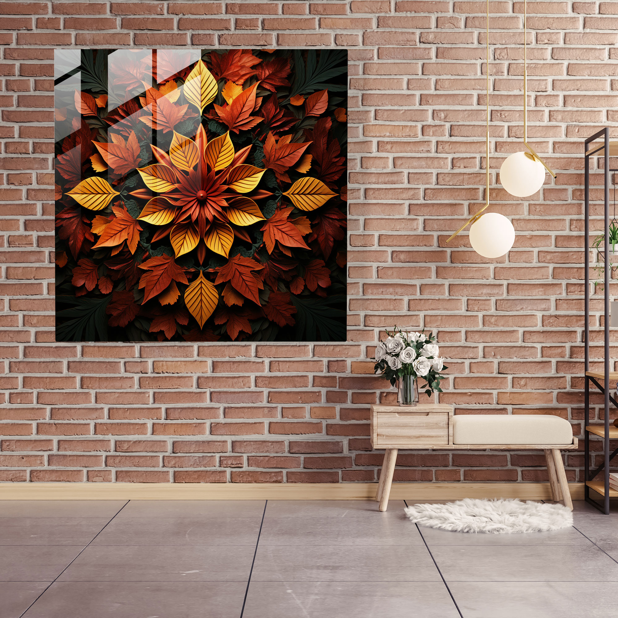 Sonbahar Yaprakları Mandala Cam Tablo - Sonbahar Ev Dekorasyonu Cam Duvar Sanatı Dijital Sanat Tasarımı
