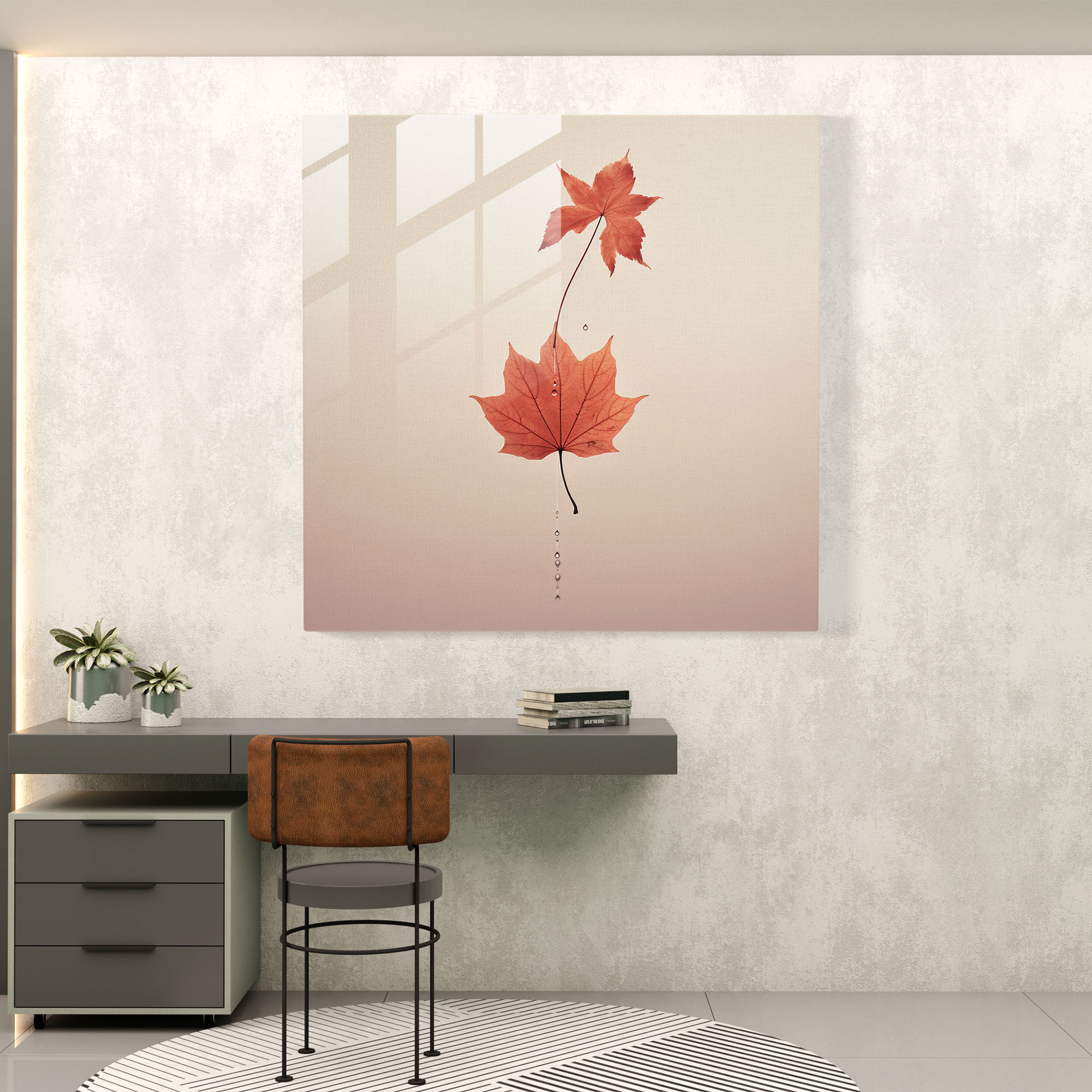 Geçici Sonbahar Yaprak Cam Tablo - Sonbahar Geçiş Modern Sanat Minimalist İllüstrasyon