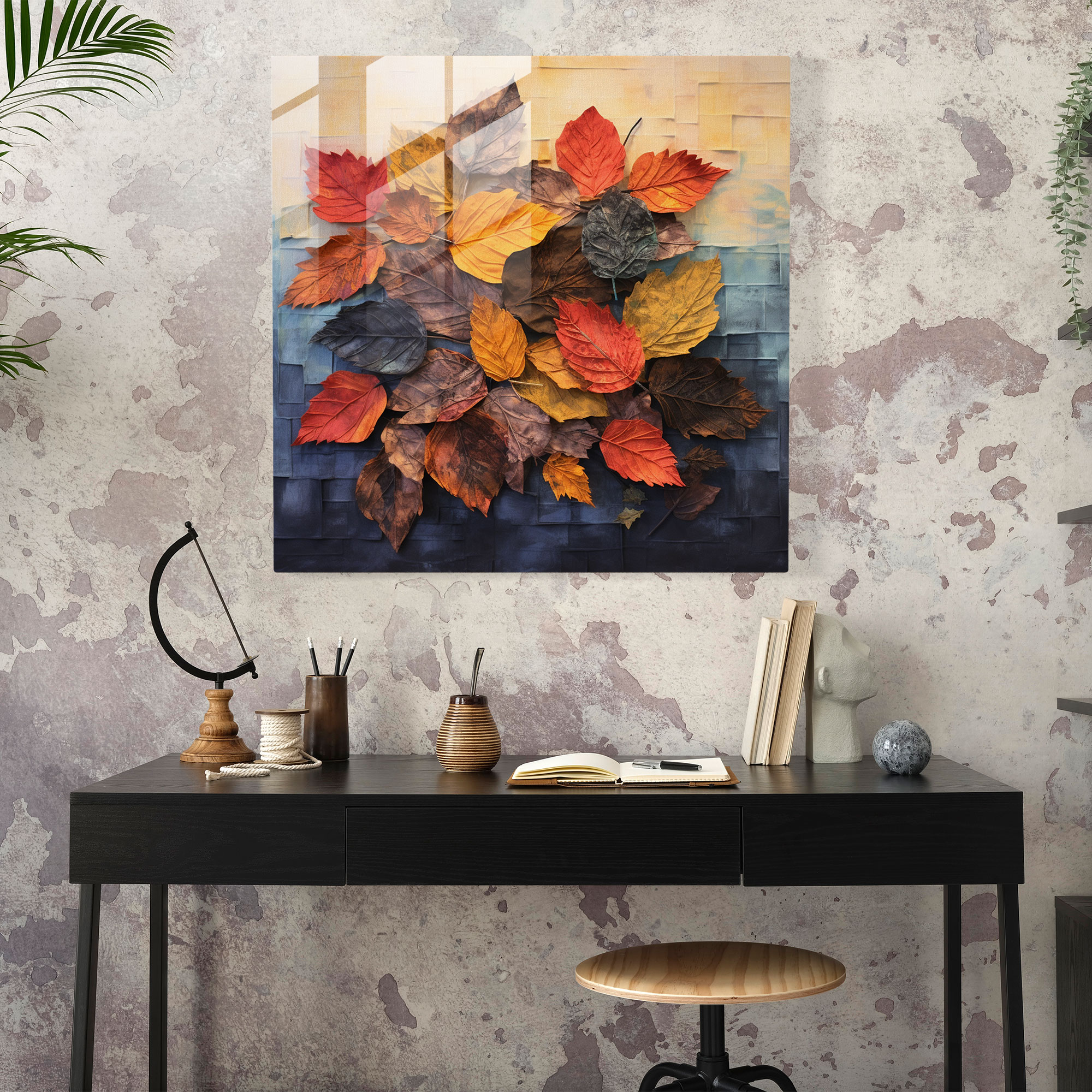 Autumn Leaves Collage Glass Print - Autumn, Unique Design, Textured Composition, Glass Art