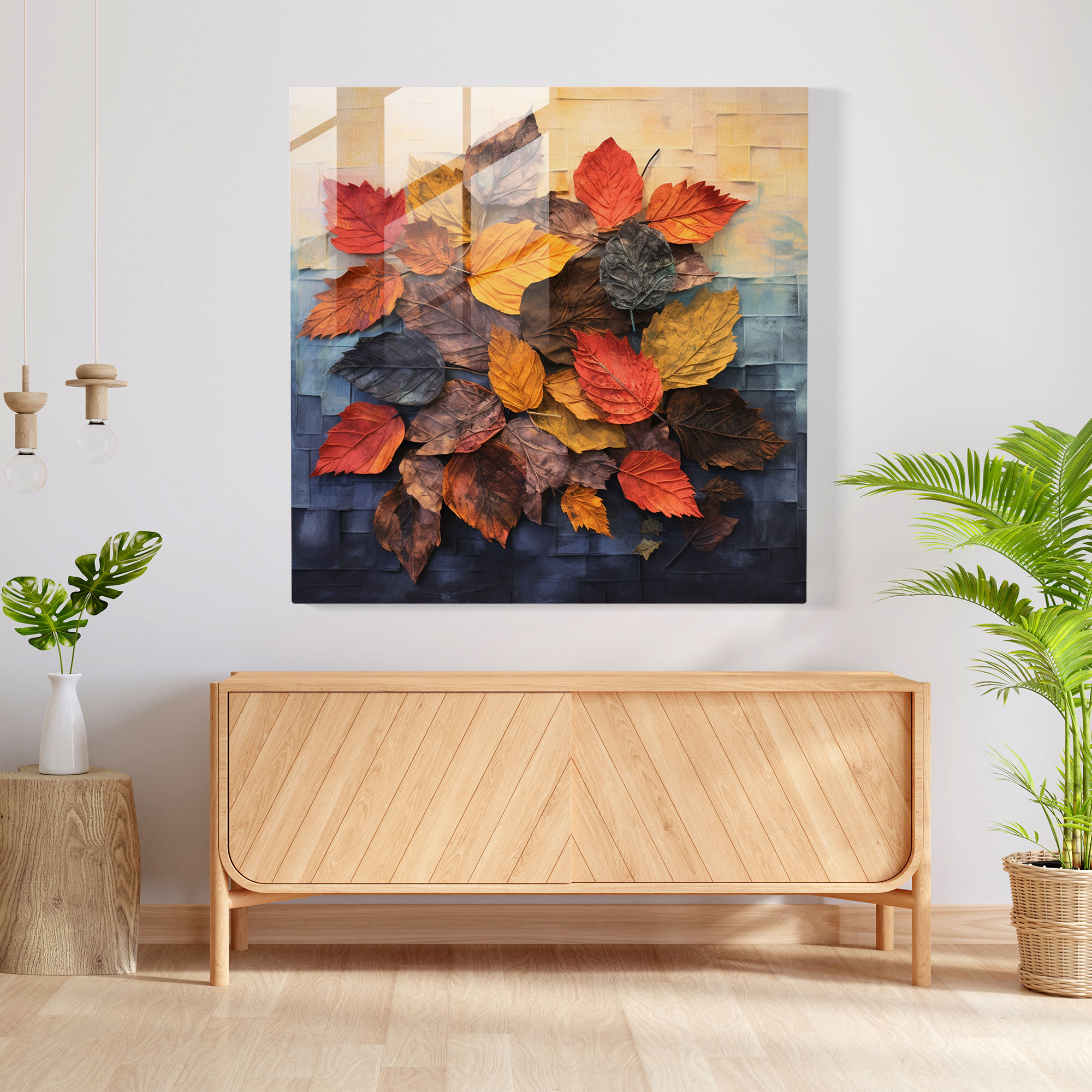 Autumn Leaves Collage Glass Print - Autumn, Unique Design, Textured Composition, Glass Art