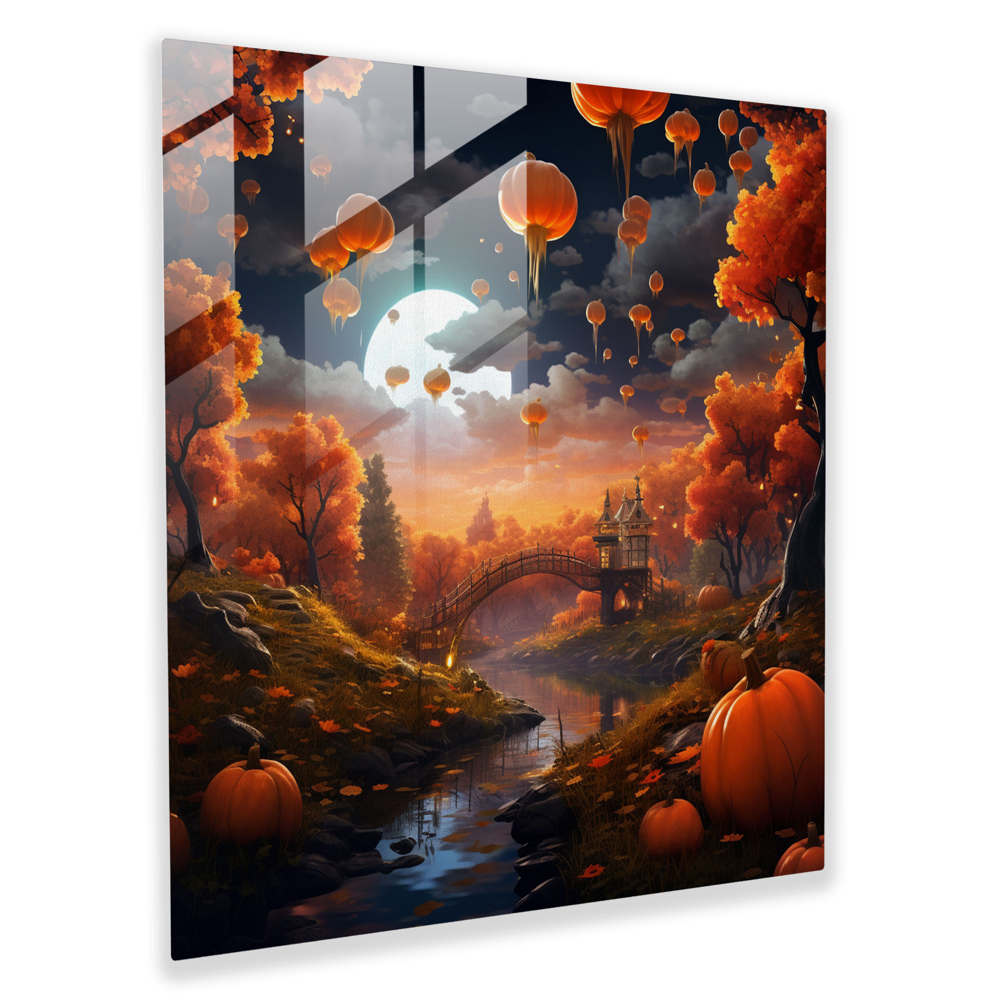 Whimsical Autumn Fantasy Glass Print - Autumn, Colorful Trees, Wall Decoration, Floating Pumpkins