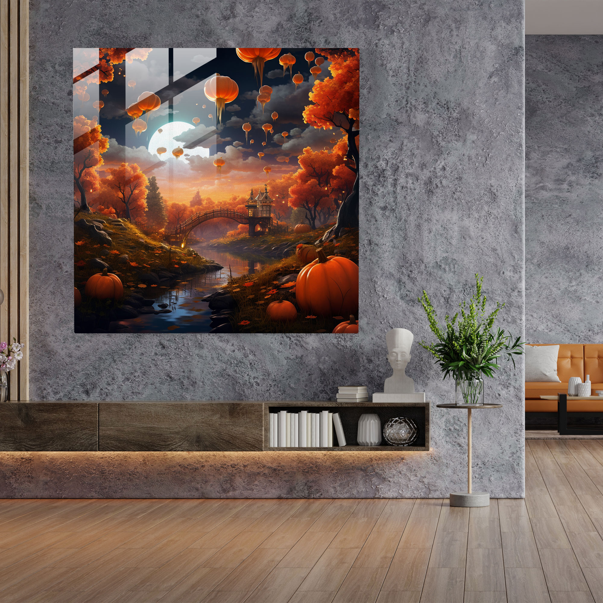 Whimsical Autumn Fantasy Glass Print - Autumn, Colorful Trees, Wall Decoration, Floating Pumpkins