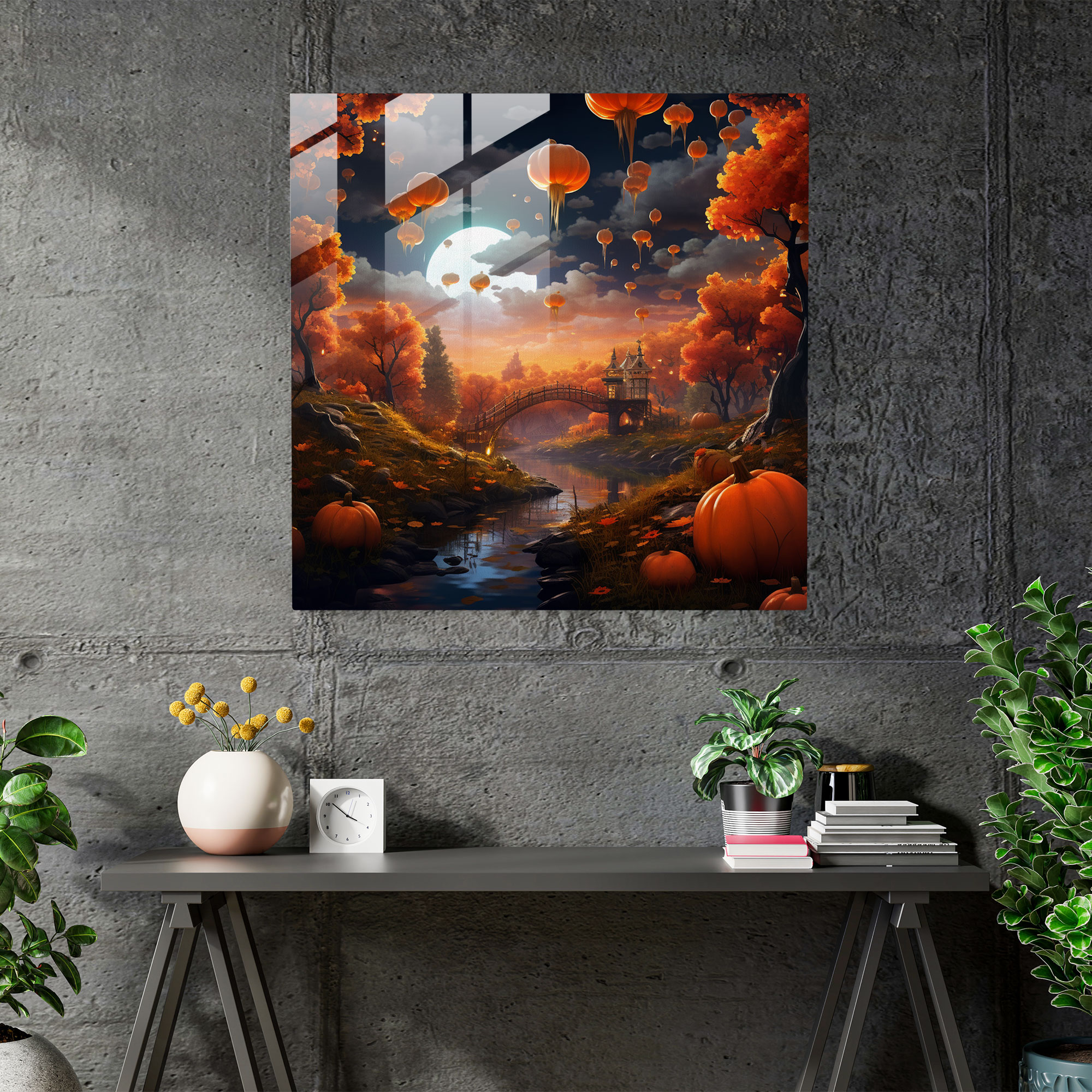 Whimsical Autumn Fantasy Glass Print - Autumn, Colorful Trees, Wall Decoration, Floating Pumpkins