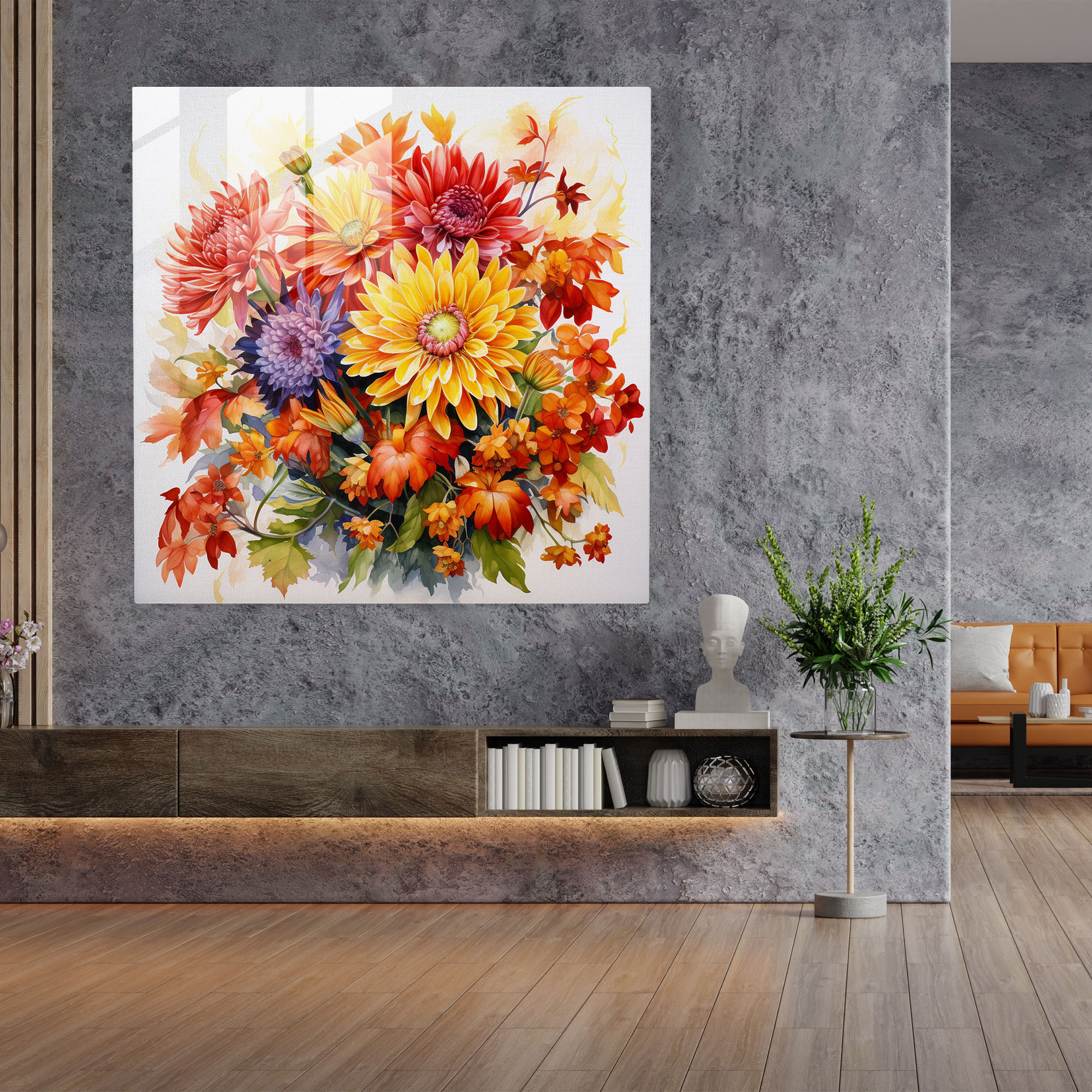 Radiant Autumn Bouquet Glass Print - Autumn, Glass Wall Art, Wall Decoration, Blooming Flowers