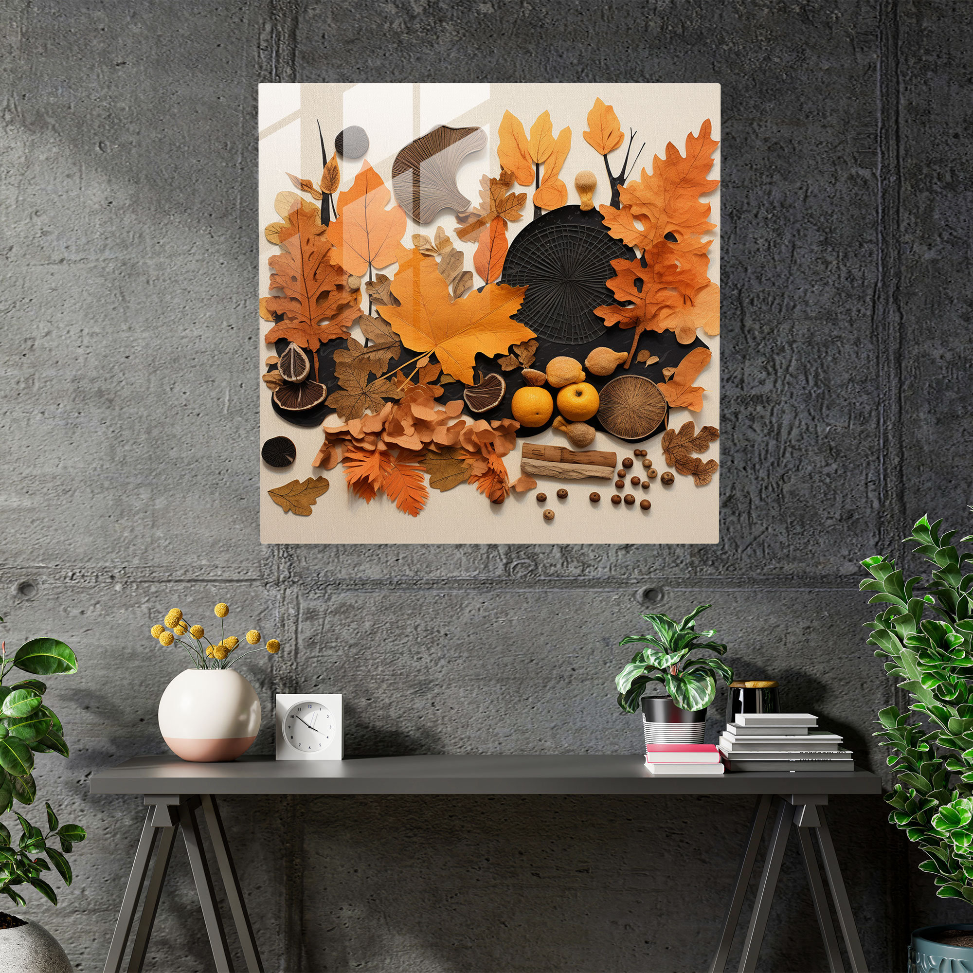 Autumn Collage Glass Print - Autumn, Fallen Leaves, Wall Decoration, Acorns
