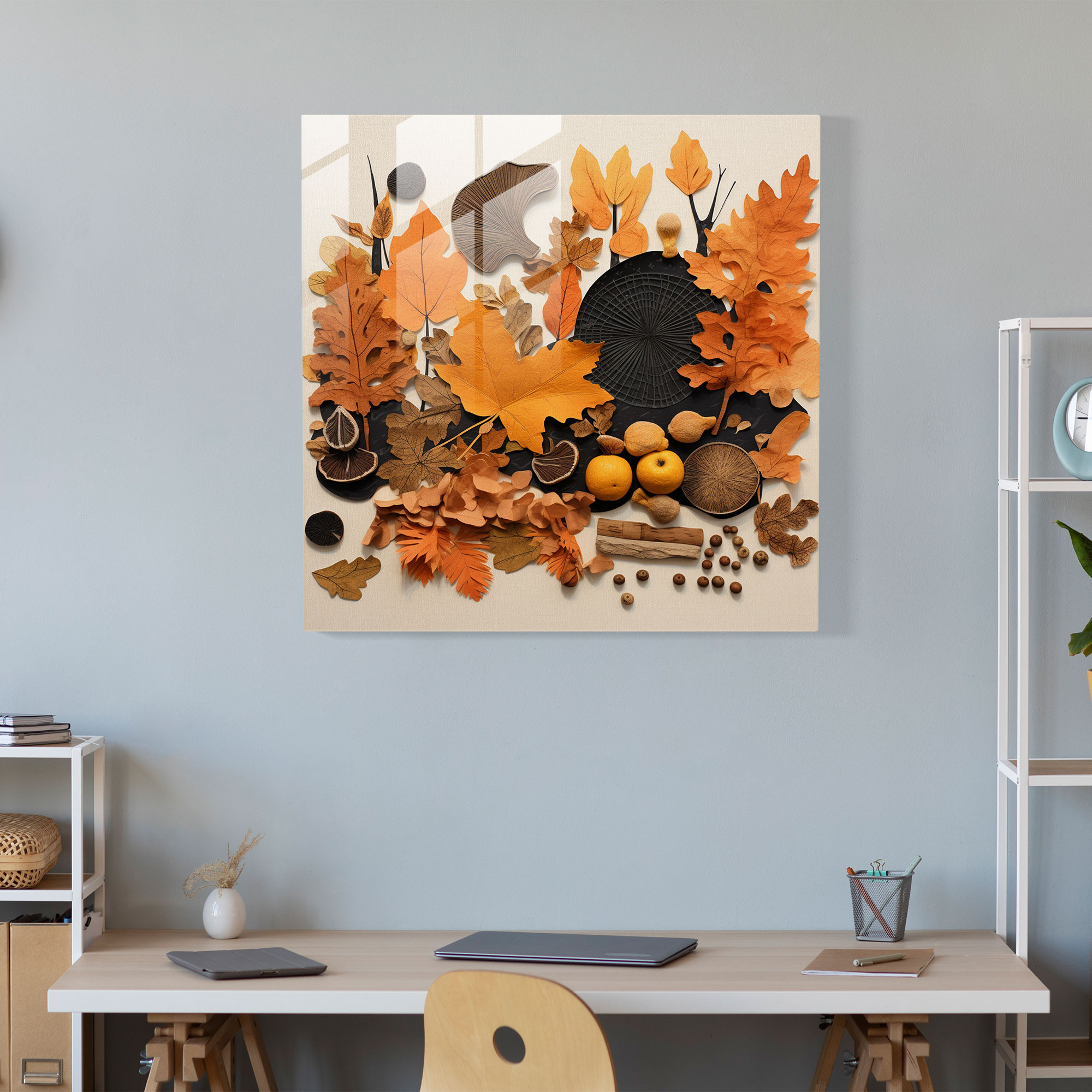 Autumn Collage Glass Print - Autumn, Fallen Leaves, Wall Decoration, Acorns
