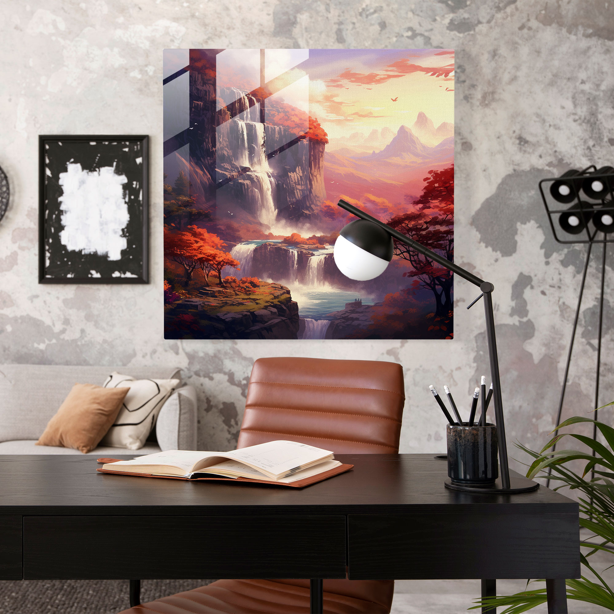 Autumn Waterfall Glass Print - Autumn, Wall Decoration, Tranquility, Glass Wall Art