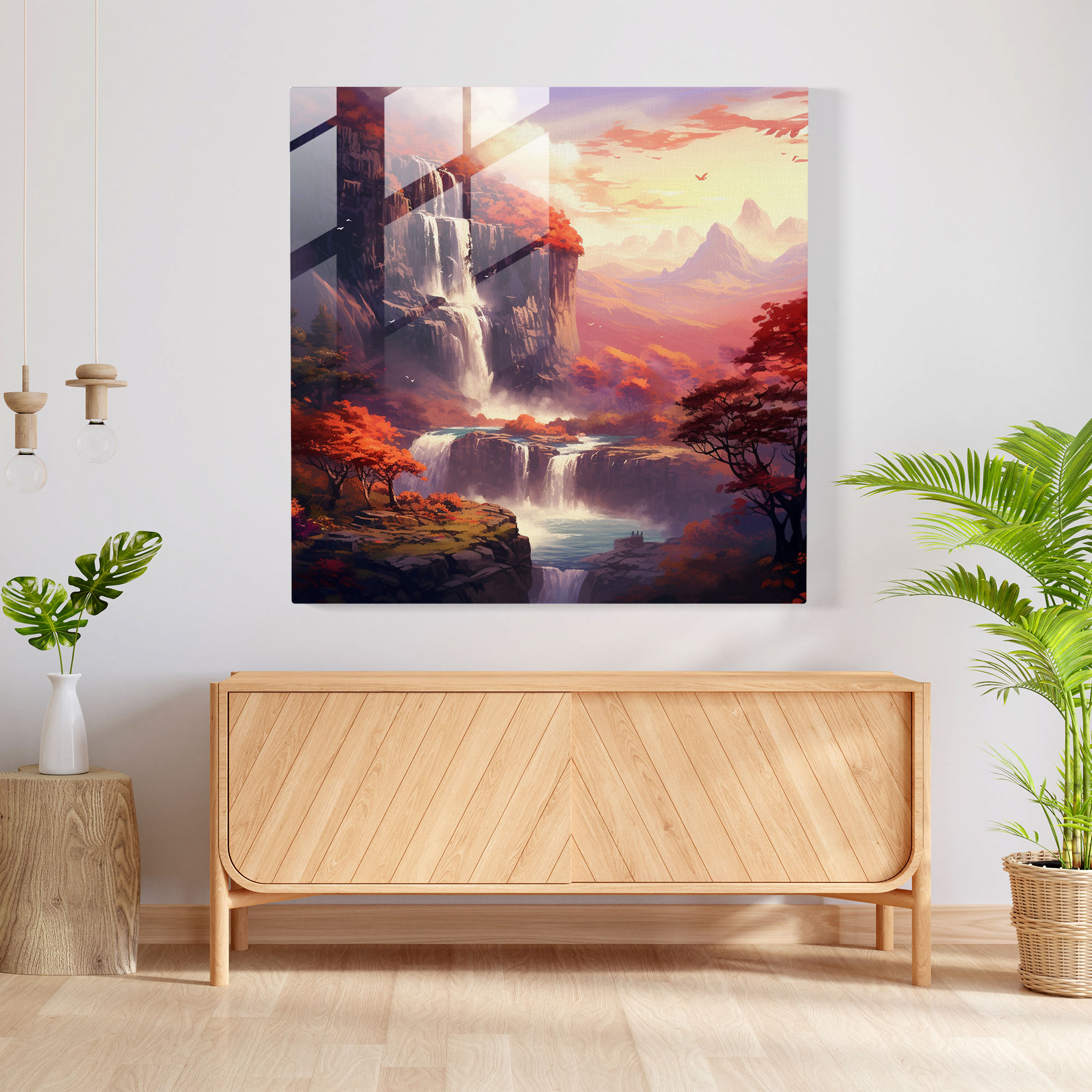 Autumn Waterfall Glass Print - Autumn, Wall Decoration, Tranquility, Glass Wall Art