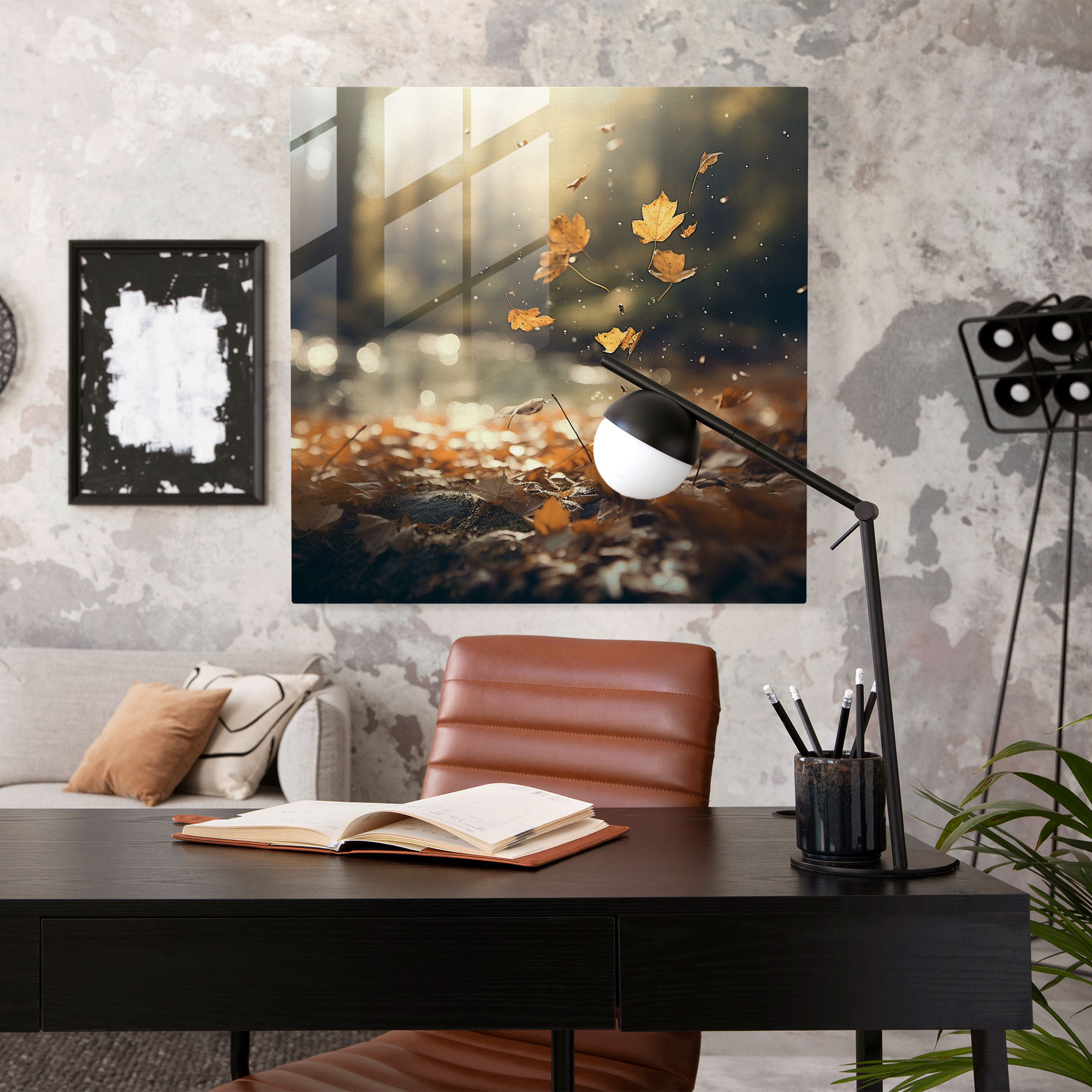 Dökülen Yapraklar Cam Tablosu - Sonbahar Cam Sanatı Bokeh Etkisi Cam Duvar Sanatı